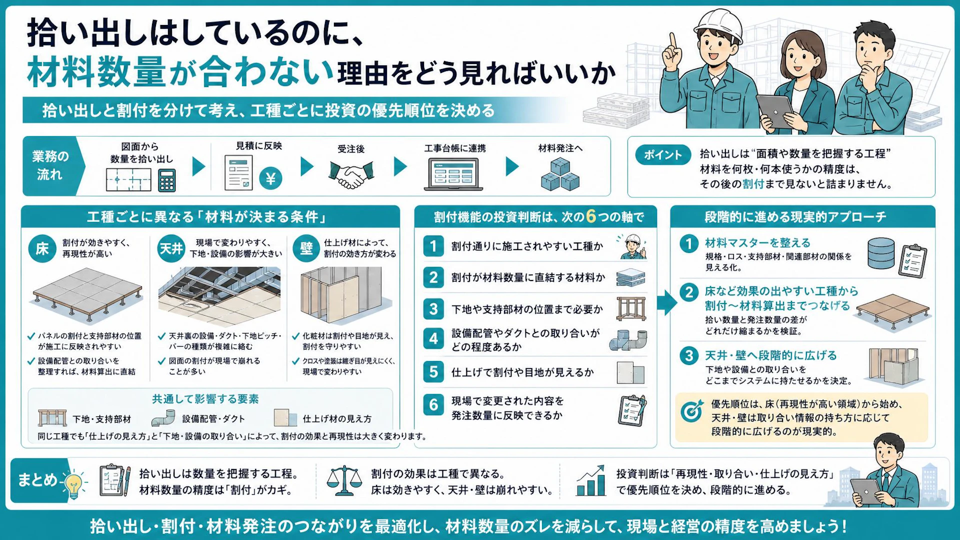 拾い出しを強化しても材料数量が合わない理由｜内装工事の割付投資は床から見る