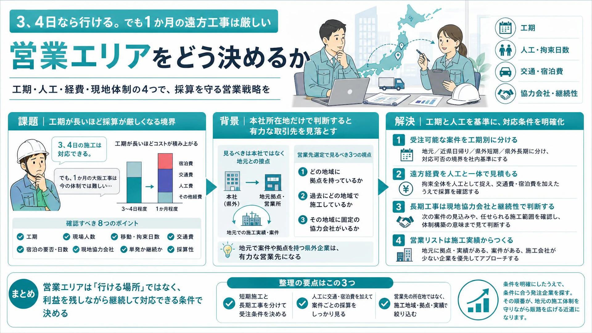 「3、4日なら行ける、1か月は厳しい」遠方案件で赤字を出さない営業エリアの決め方