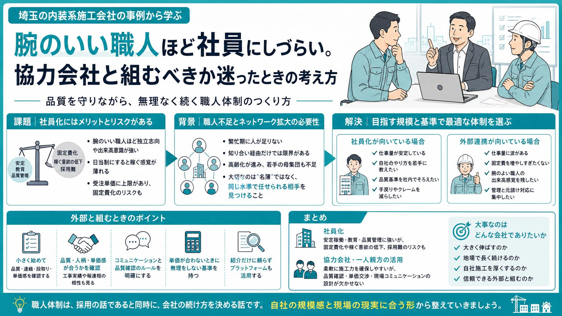 職人は社員にするべきか？「細く長く」続ける内装会社の施工体制の考え方