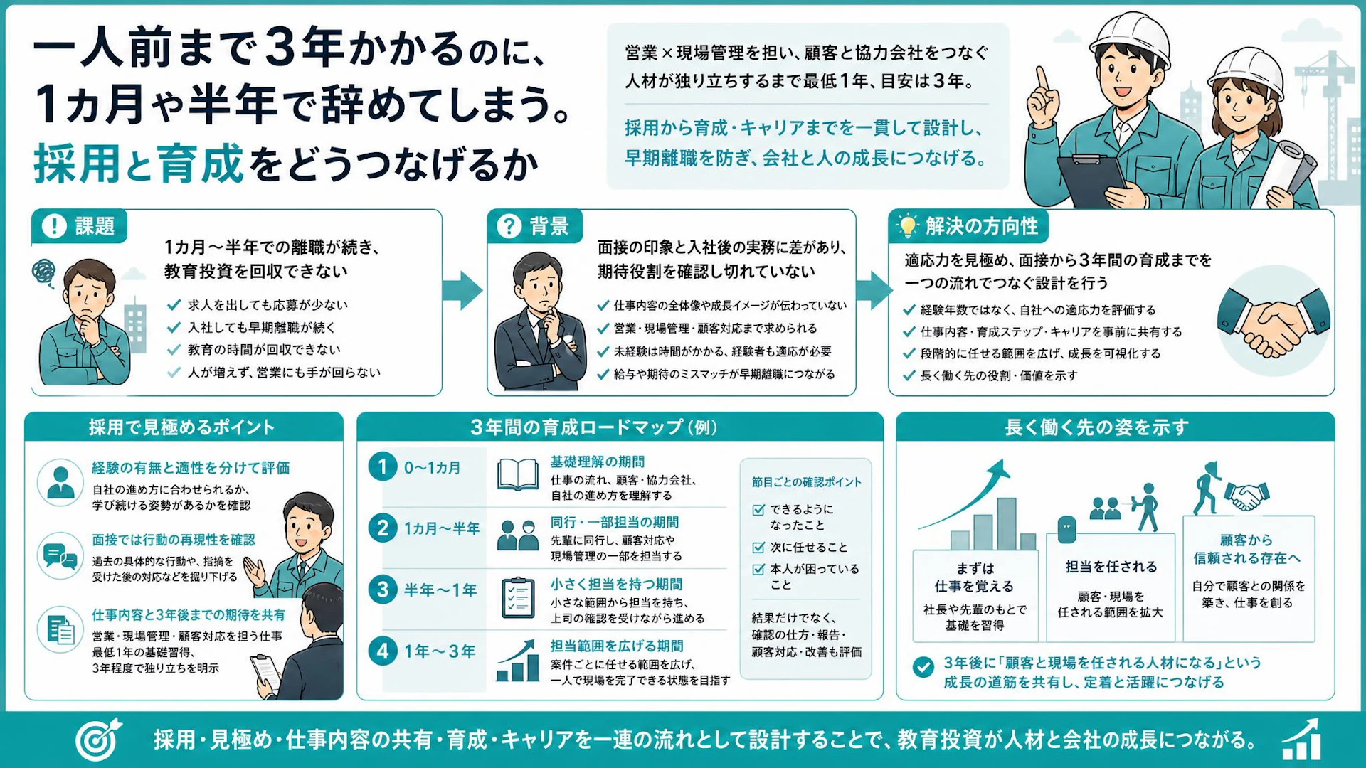 1カ月で辞める、独り立ちは3年。内装工事会社の早期離職を防ぐ採用・育成設計