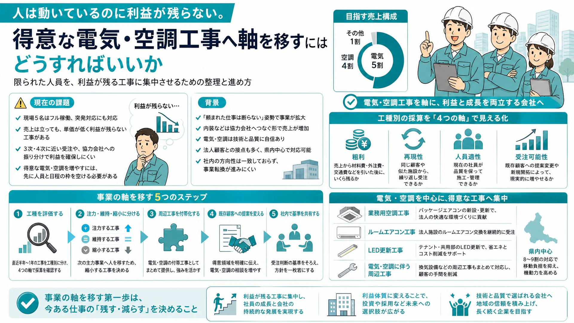電気・空調工事へ軸を移すには？現場5人の会社が工種別採算で「減らす仕事」を決める方法