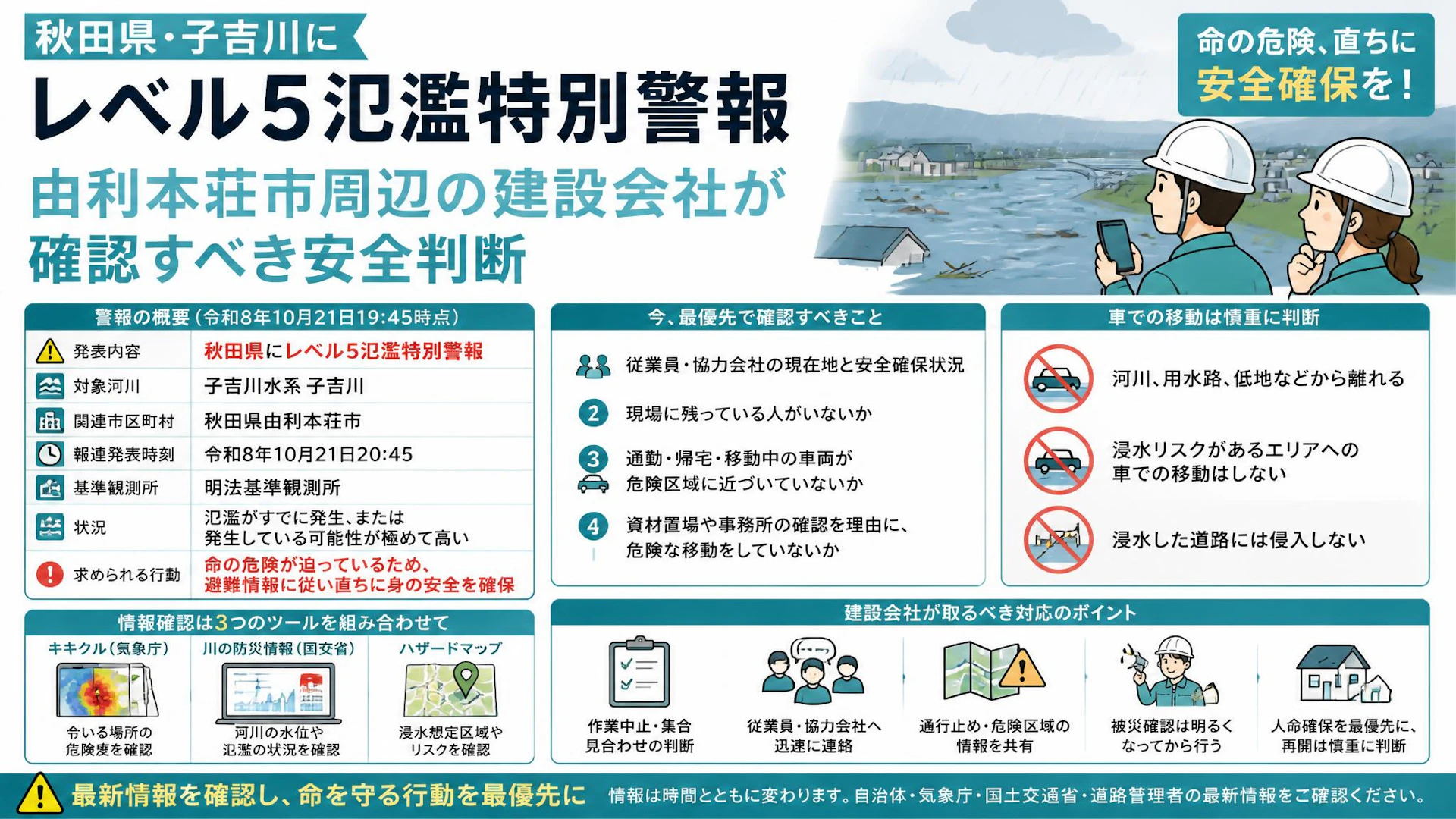 秋田県・子吉川にレベル5氾濫特別警報　由利本荘市周辺の建設会社が確認すべき安全判断