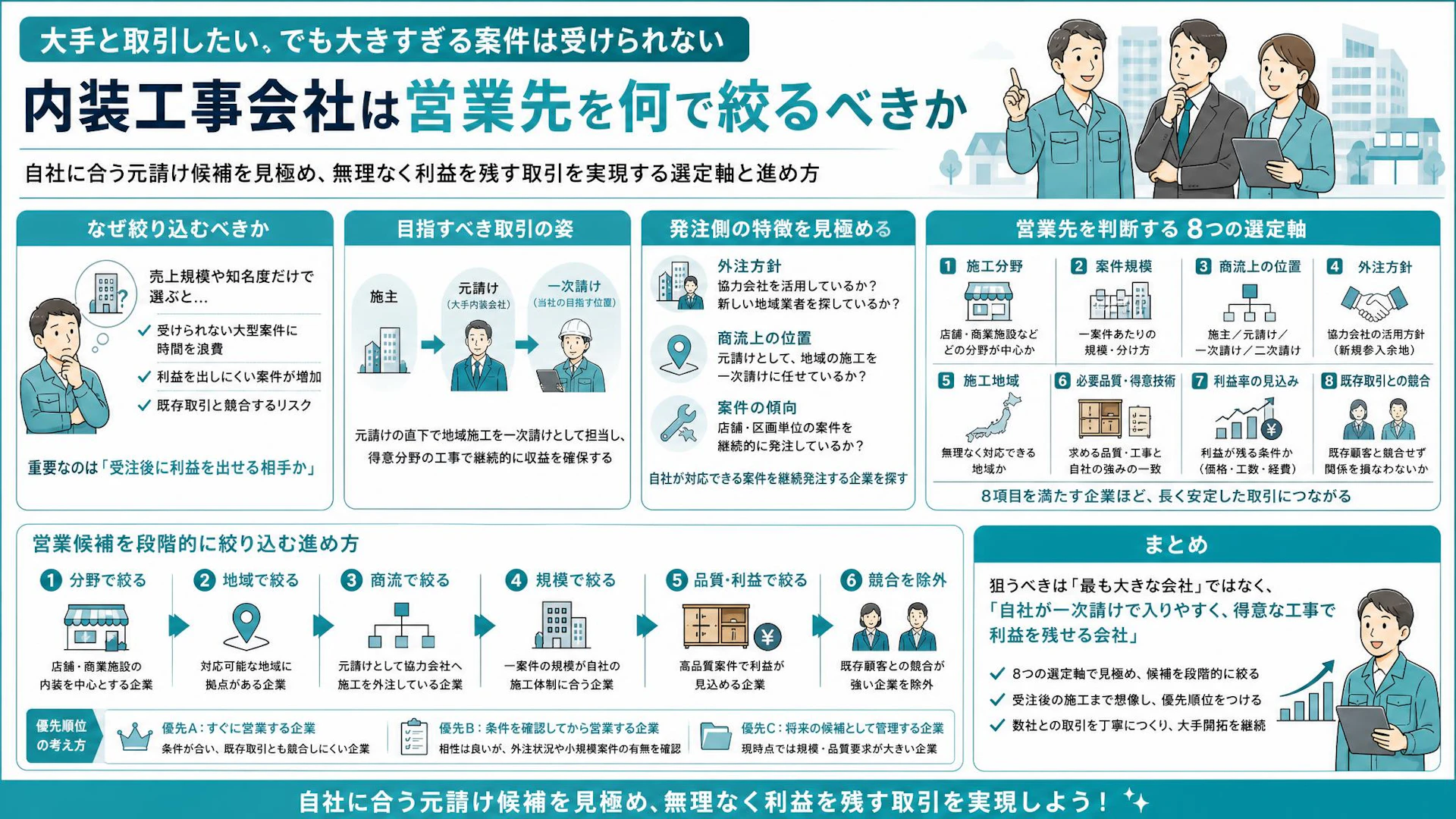 内装工事会社の大手開拓｜300社から「一次請けで利益が残る元請け」を選ぶ8基準
