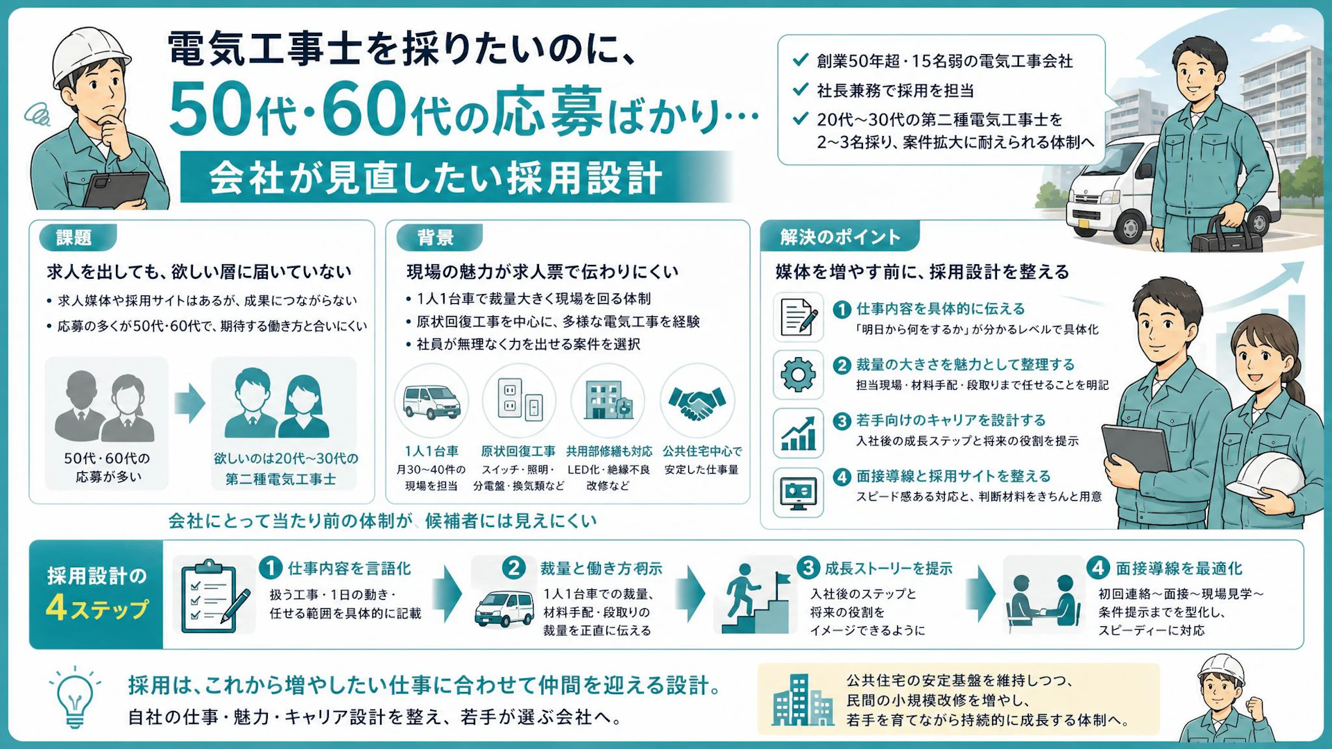 求人媒体に出しても50代・60代の応募が多い──15名電気工事会社が若手に届かない理由