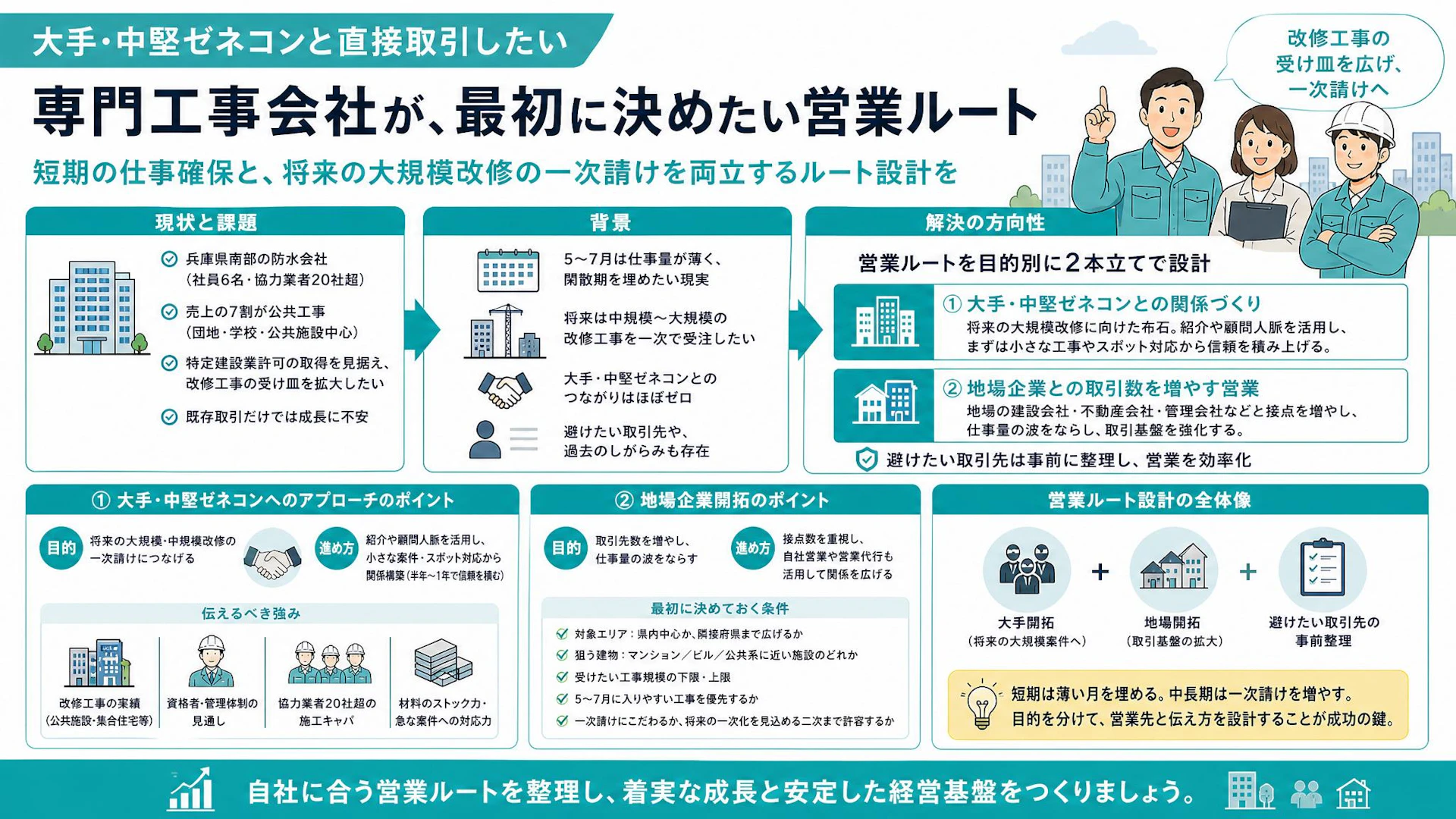 大手ゼネコンか地場開拓か──一次請けを狙う防水会社が最初に決める営業ルート