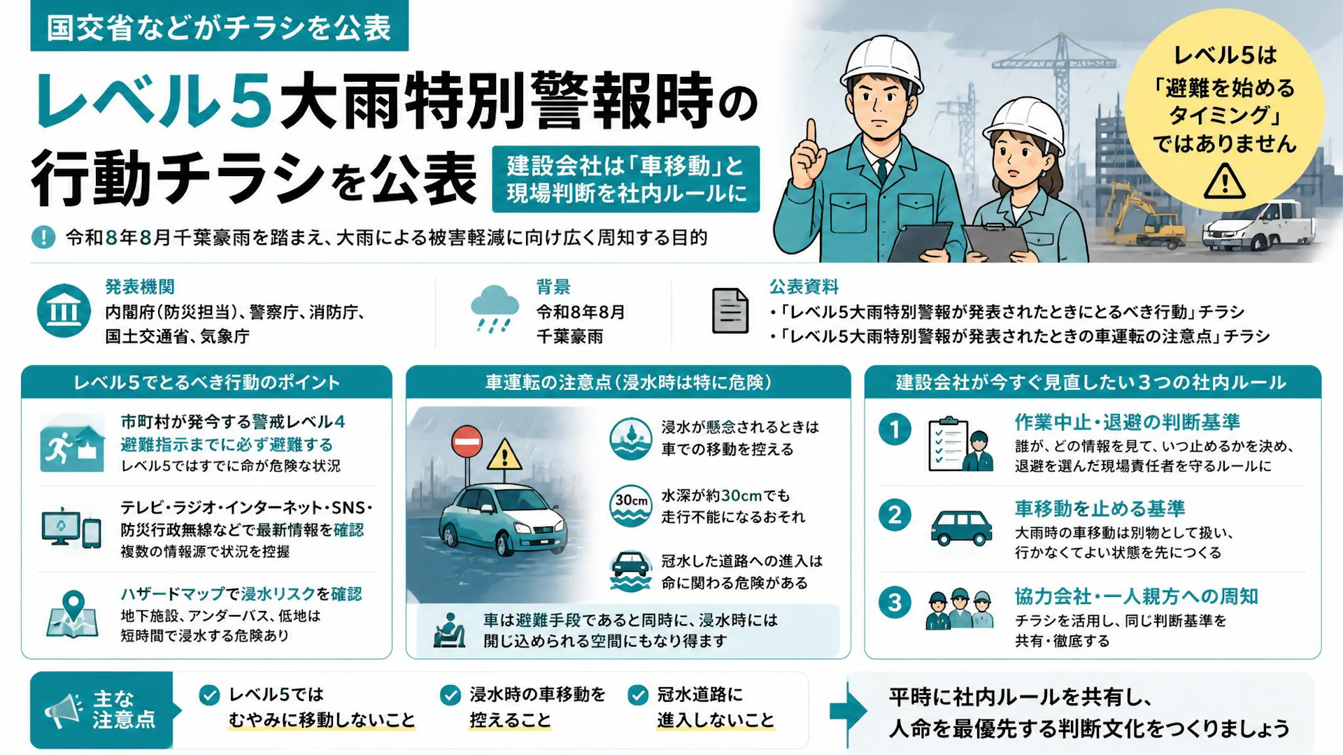 レベル5大雨特別警報時の行動チラシを国交省などが公表　建設会社は「車移動」と現場判断を社内ルールに
