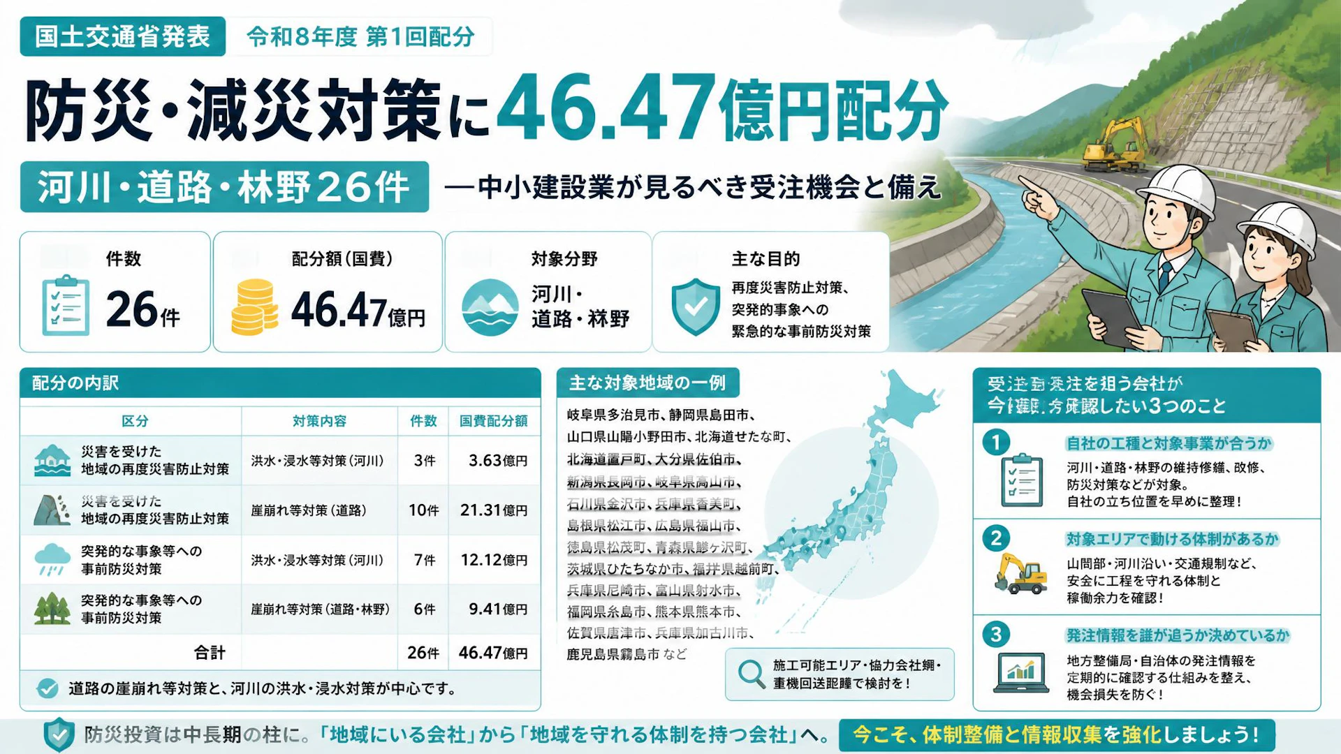 防災・減災対策に46.47億円配分、河川・道路・林野26件――中小建設業が見るべき受注機会と備え