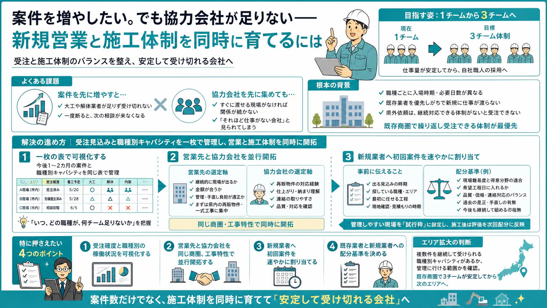仕事を取ると職人が足りない、集めると現場がない——営業と協力会社開拓を同時に進める方法