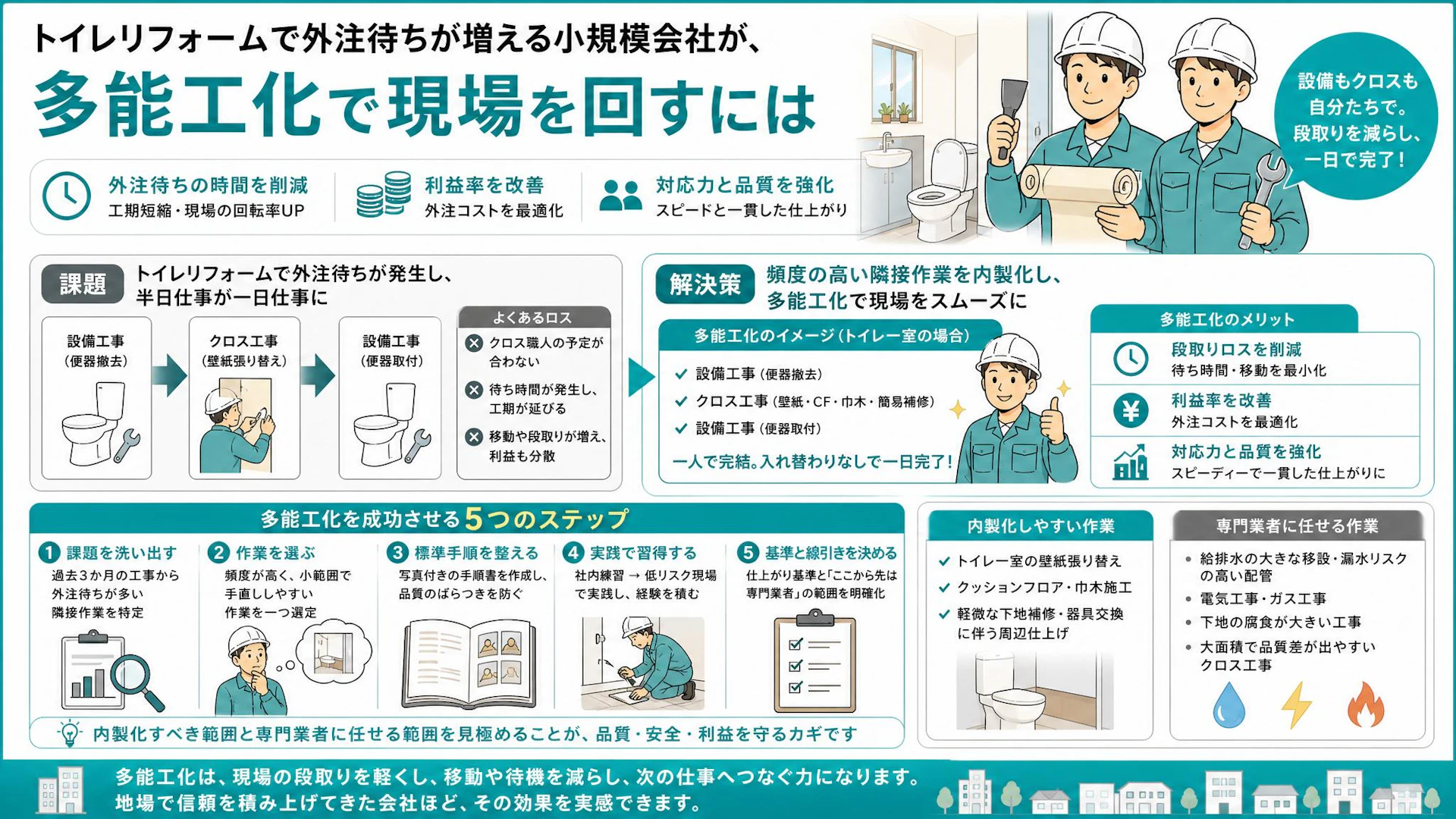トイレ原状回復が一日仕事になる会社へ｜クロス外注待ちを減らす多能工化