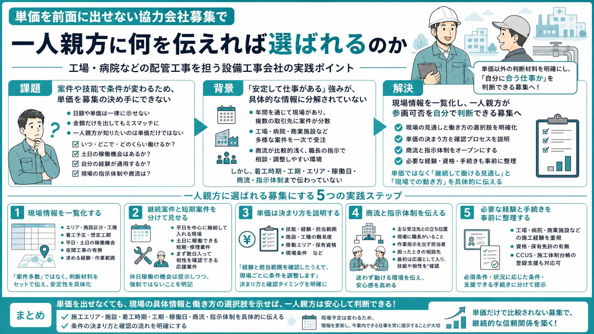 単価を確約できない協力会社募集でも選ばれる｜一人親方に伝える現場情報8項目