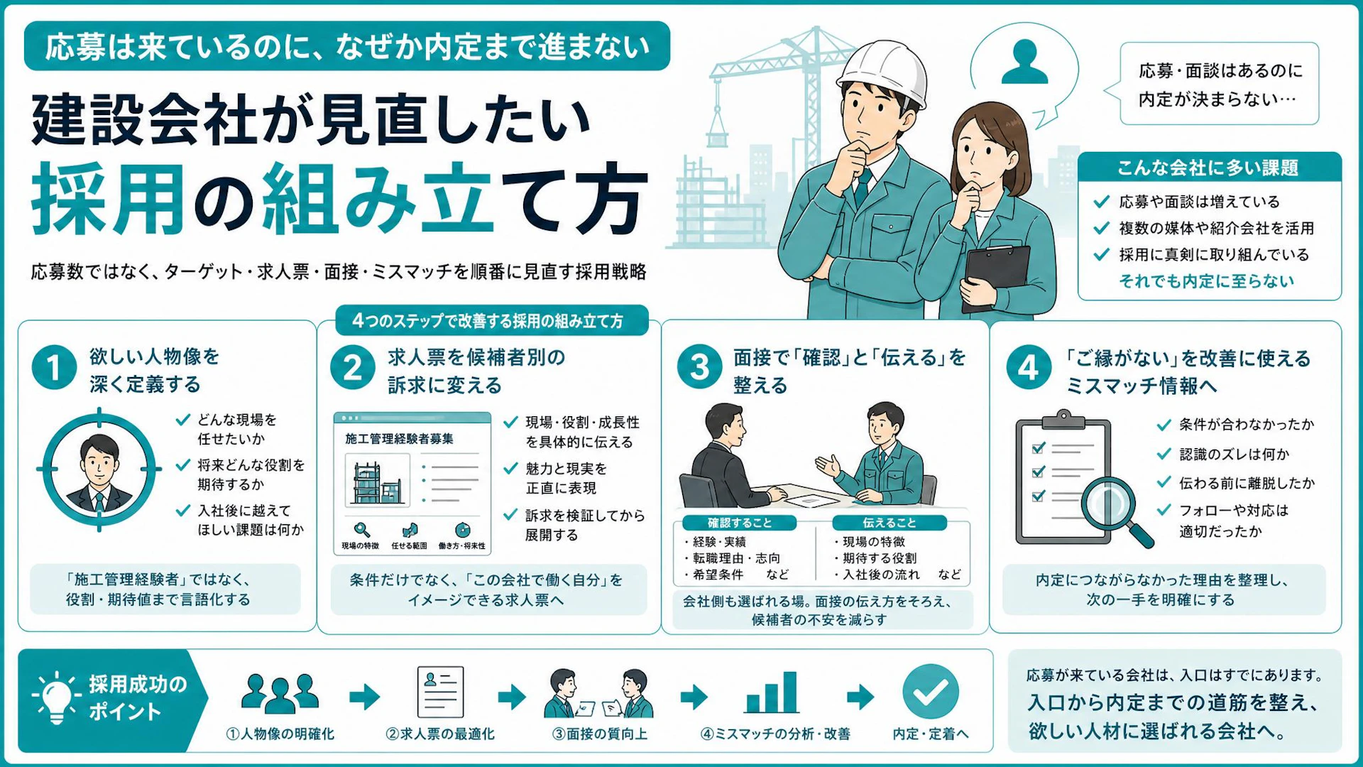 応募は来るのに内定が決まらない建設会社へ｜施工管理経験者に刺さらない求人票・面接の直し方