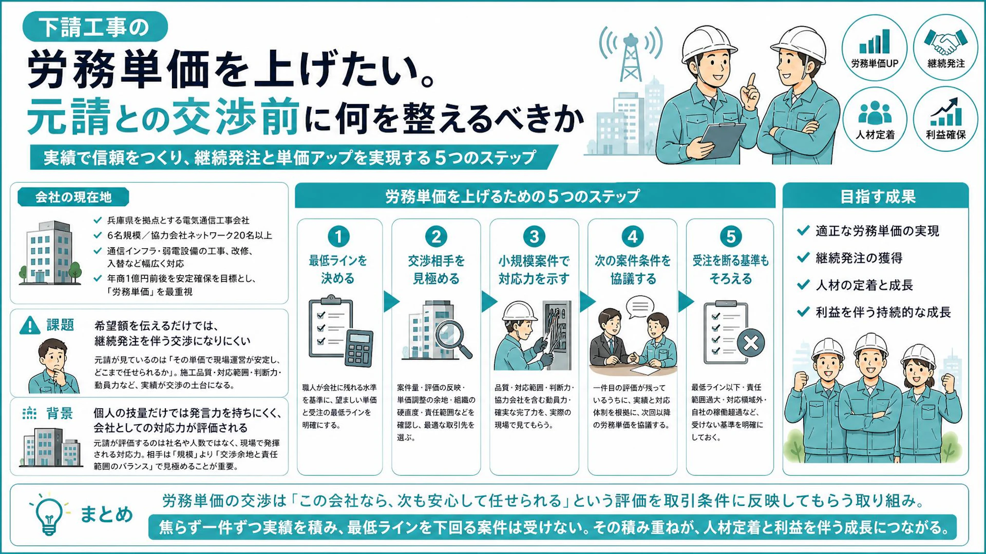 下請工事の労務単価を上げるには？6名の電気通信工事会社が希望額より先に示したもの