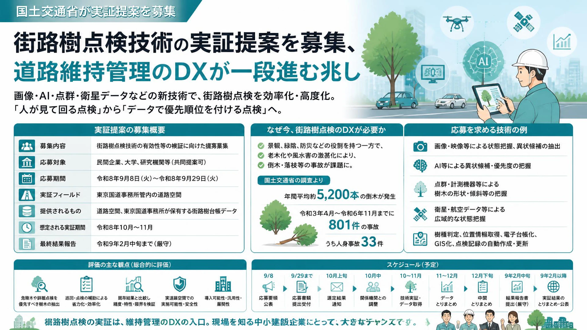 国交省が街路樹点検技術の実証提案を募集、道路維持管理のDXが一段進む兆し