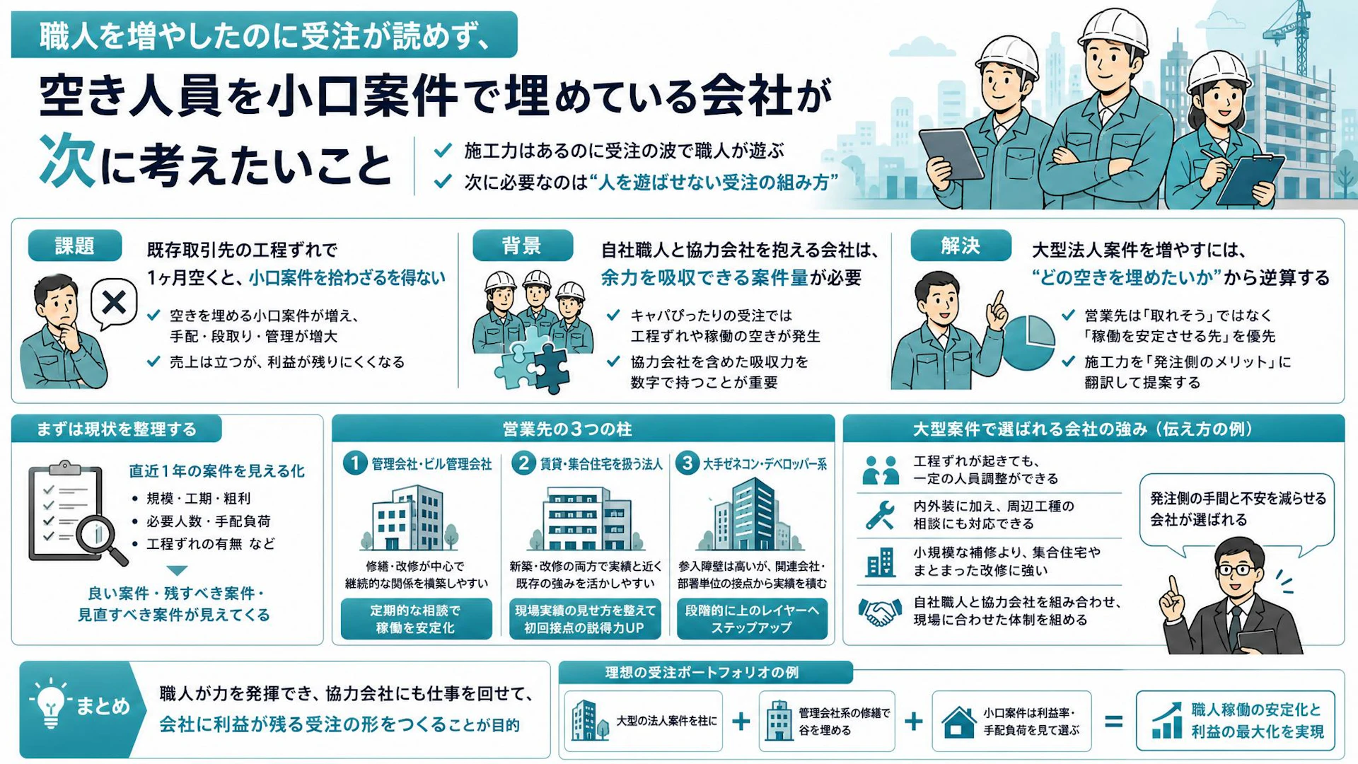 職人30名弱の内外装会社が小口案件で疲弊した理由｜受注の波を埋める大型法人案件の組み方
