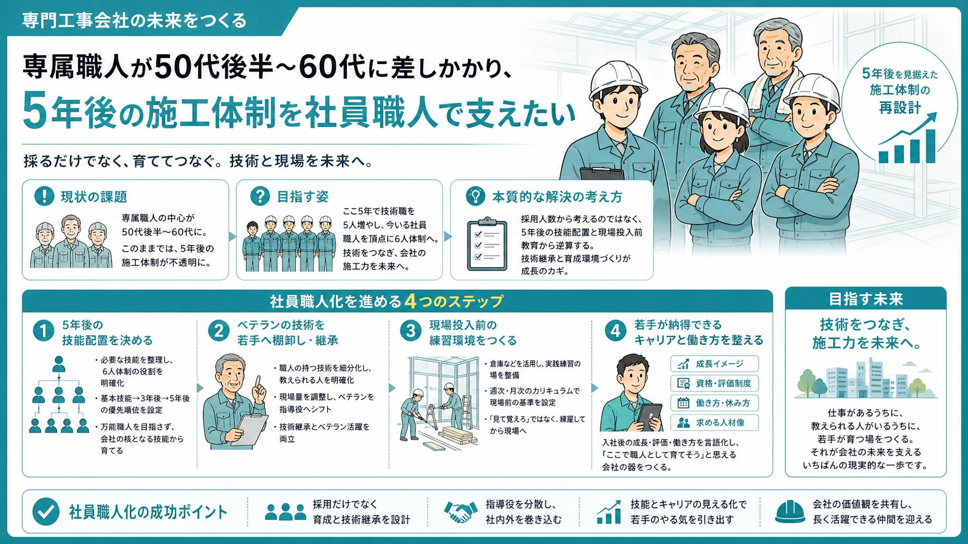 個人事業主の職人依存から社員職人6人体制へ｜内装工事会社が5年で技術をつなぐ現実解