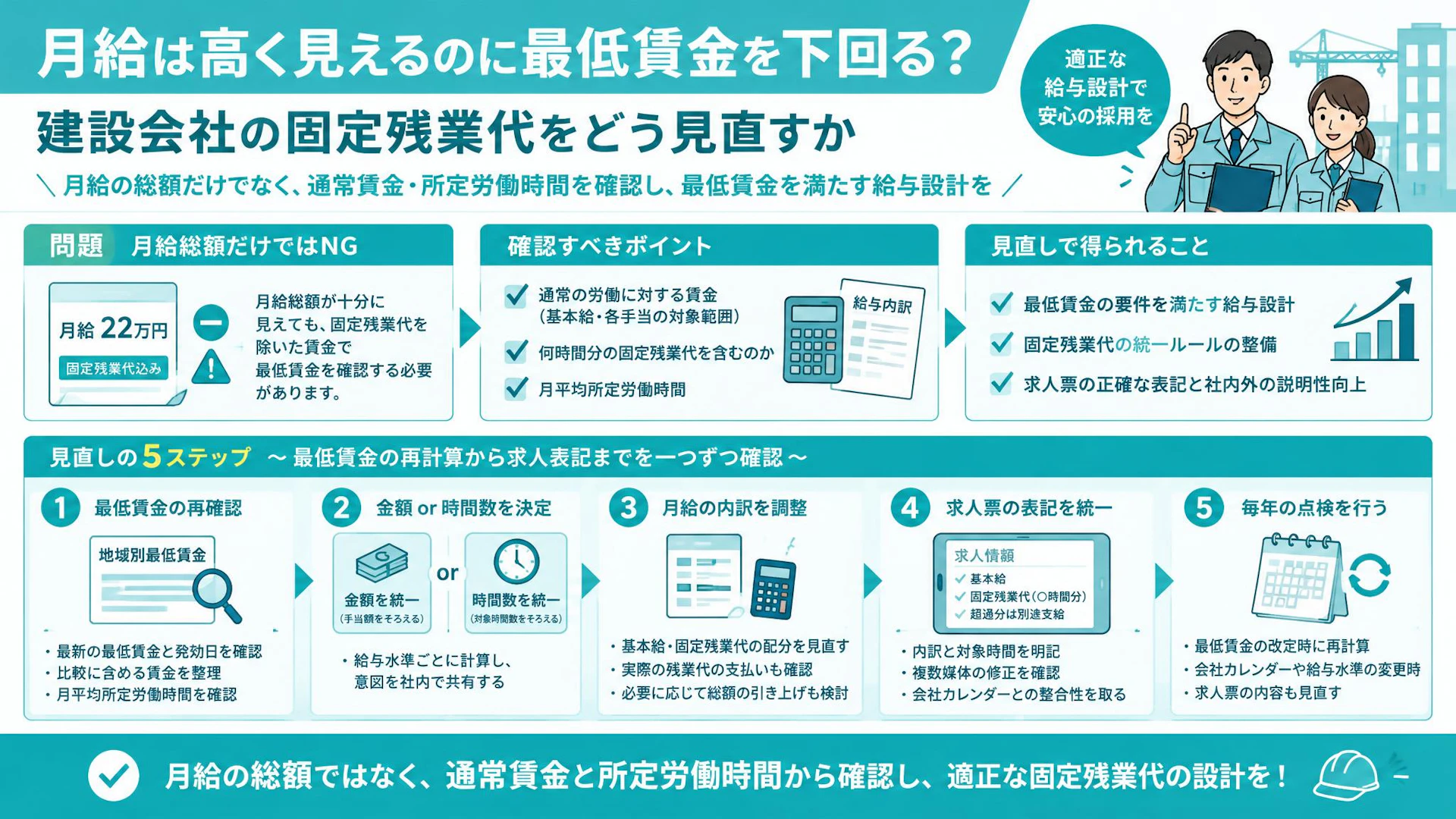 建設業の固定残業代、一律で大丈夫？未経験者の最低賃金と求人票の見直し