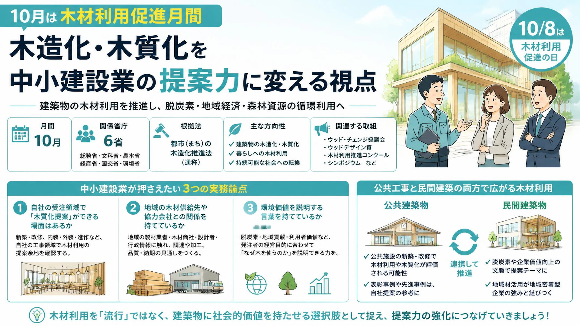 10月は木材利用促進月間：木造化・木質化を中小建設業の提案力に変える視点