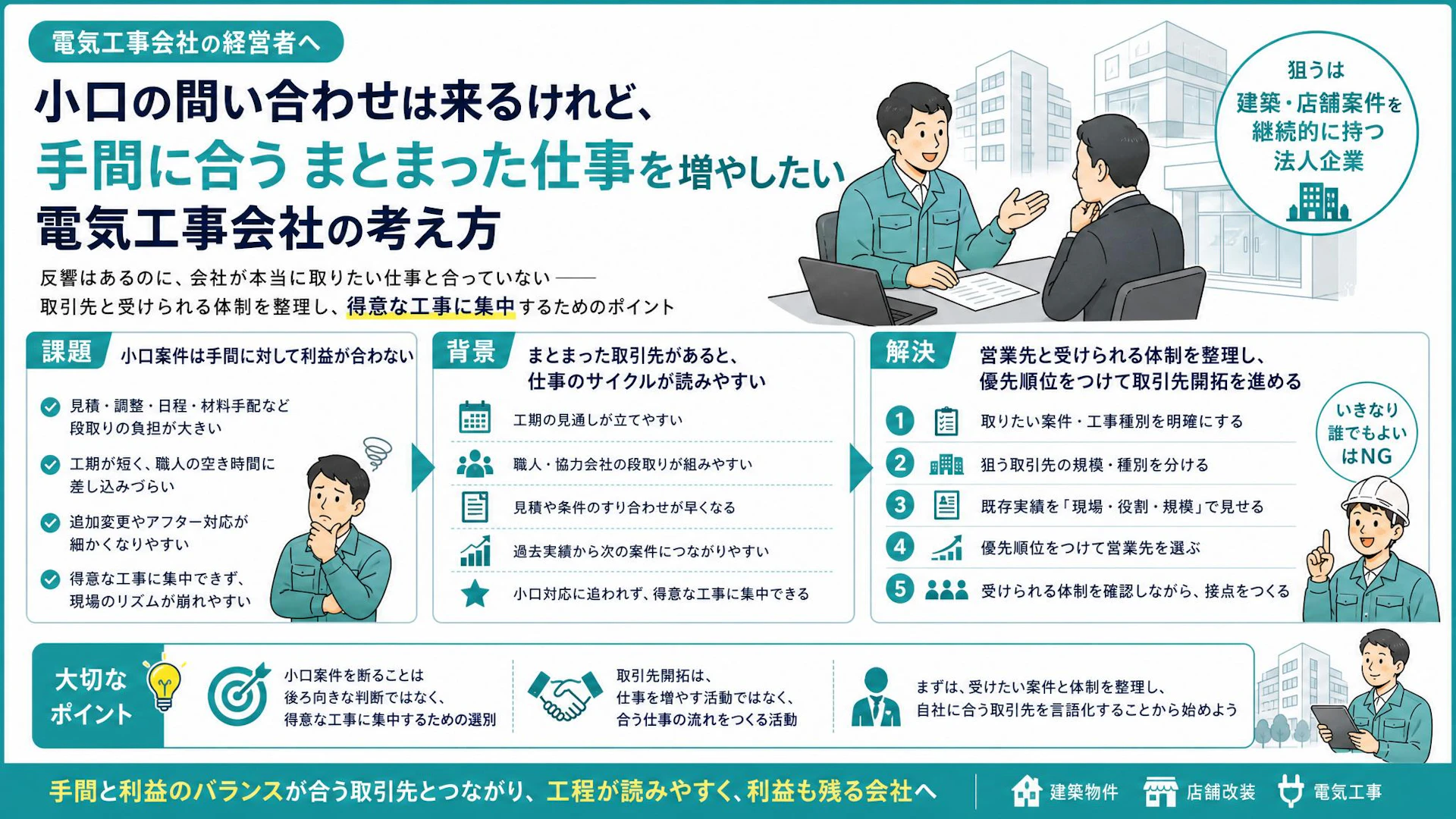 小口問い合わせは来るのに利益が残らない電気工事会社へ｜まとまった法人案件を増やす営業先の絞り方