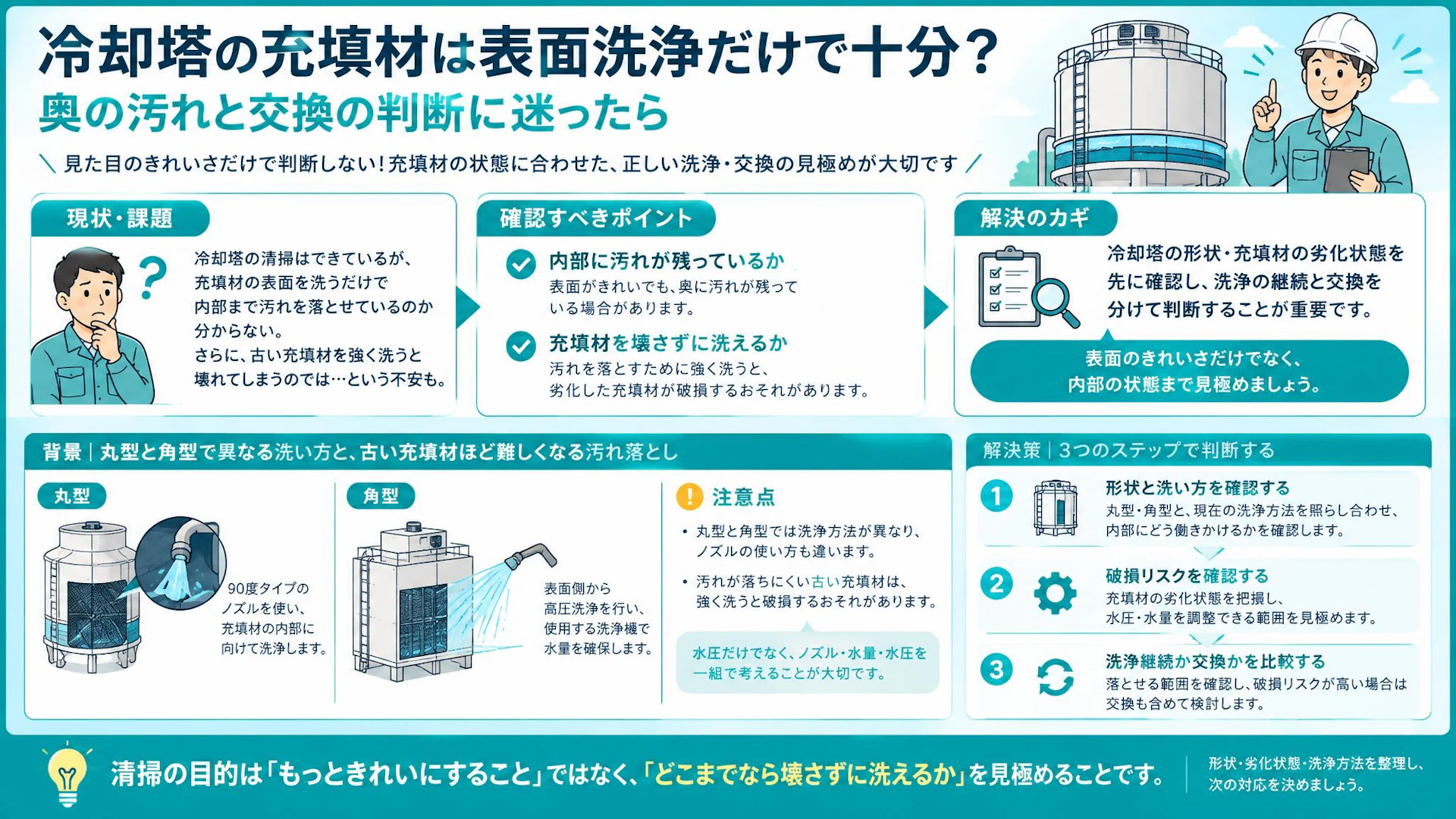 冷却塔の充填材洗浄、「表面はきれい」で大丈夫？洗浄継続と交換の判断軸