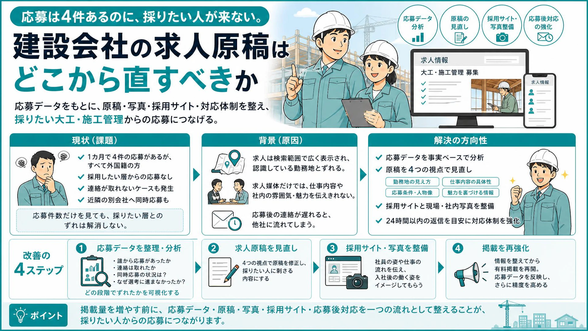 応募4件でも採りたい人はゼロ｜専門工事会社が求人掲載の継続前に見直したこと