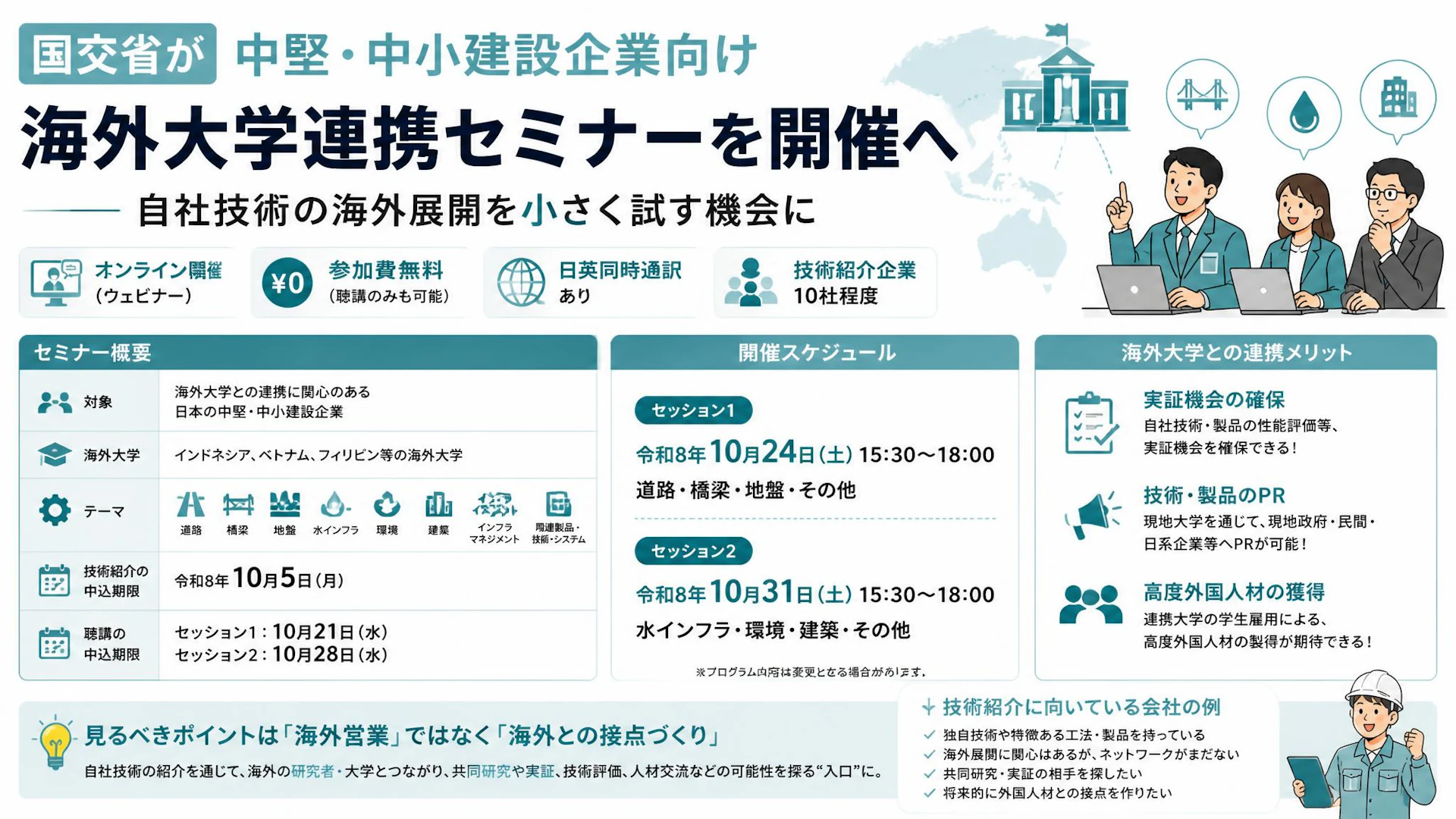 国交省が中堅・中小建設企業向け海外大学連携セミナーを開催へ──自社技術の海外展開を小さく試す機会に