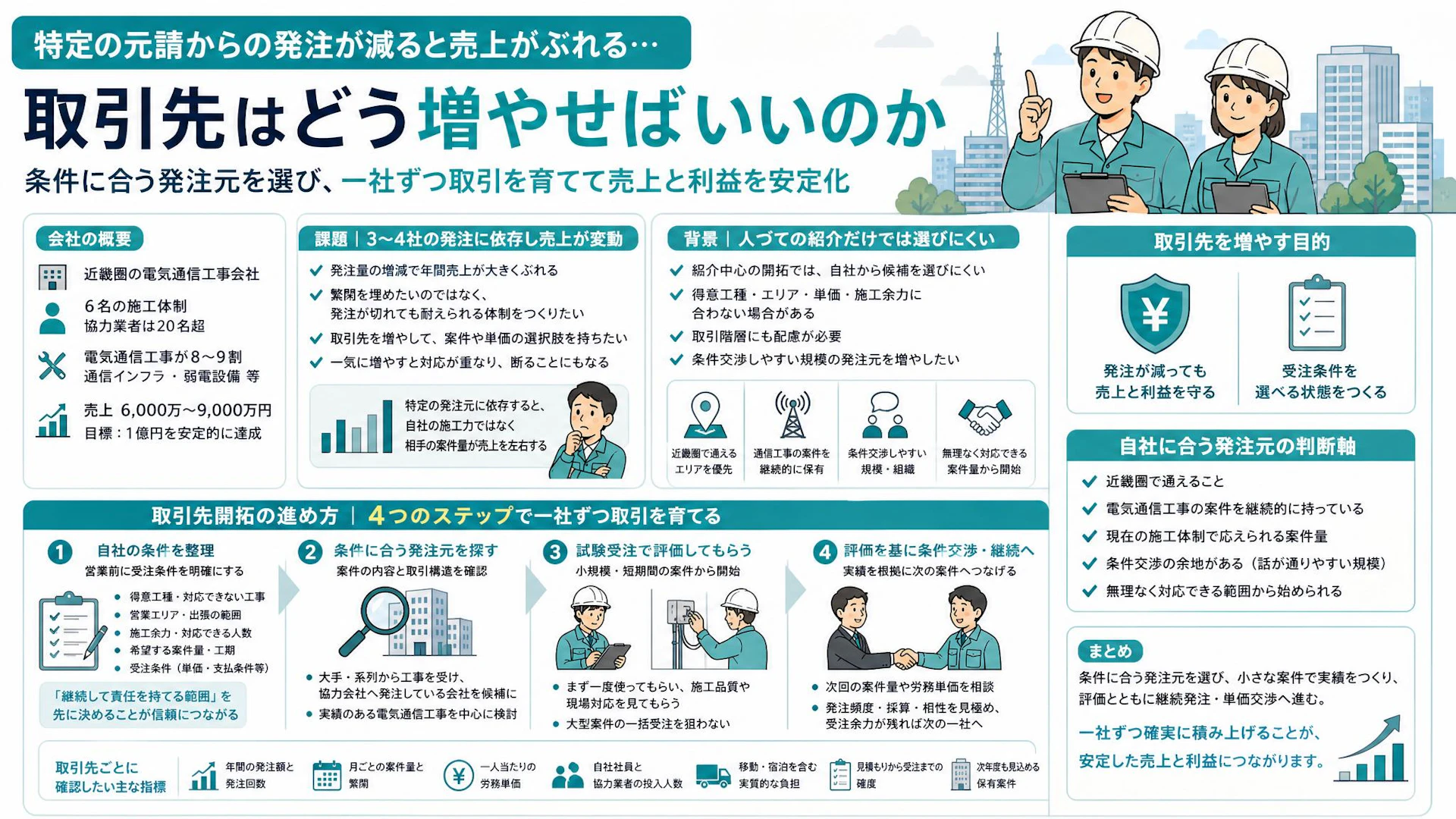 発注元3〜4社で年商が3,000万円変動。6名の電気通信工事会社が選んだ一社ずつの新規開拓