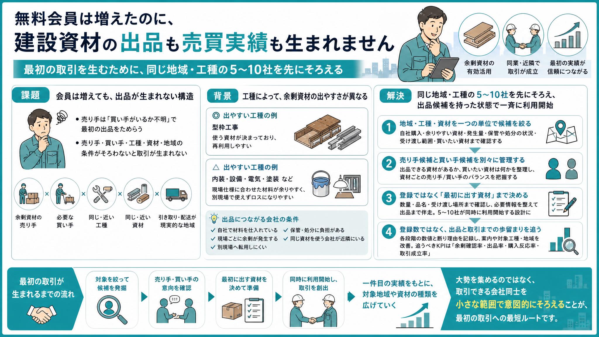 無料会員は増えたのに出品ゼロ｜建設資材売買で初回取引を生む「同地域
