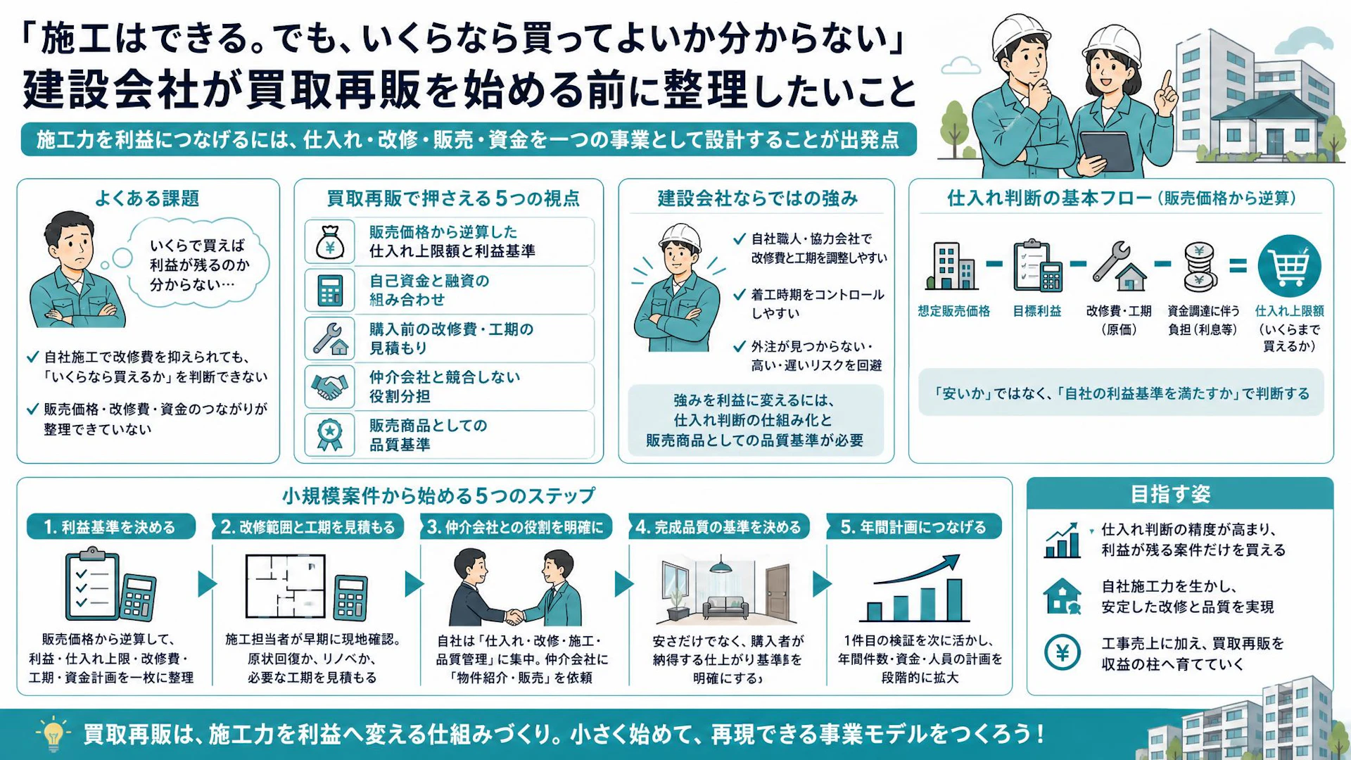 建設会社の買取再販、いくらなら買える？自社施工を利益に変える仕入れ基準のつくり方