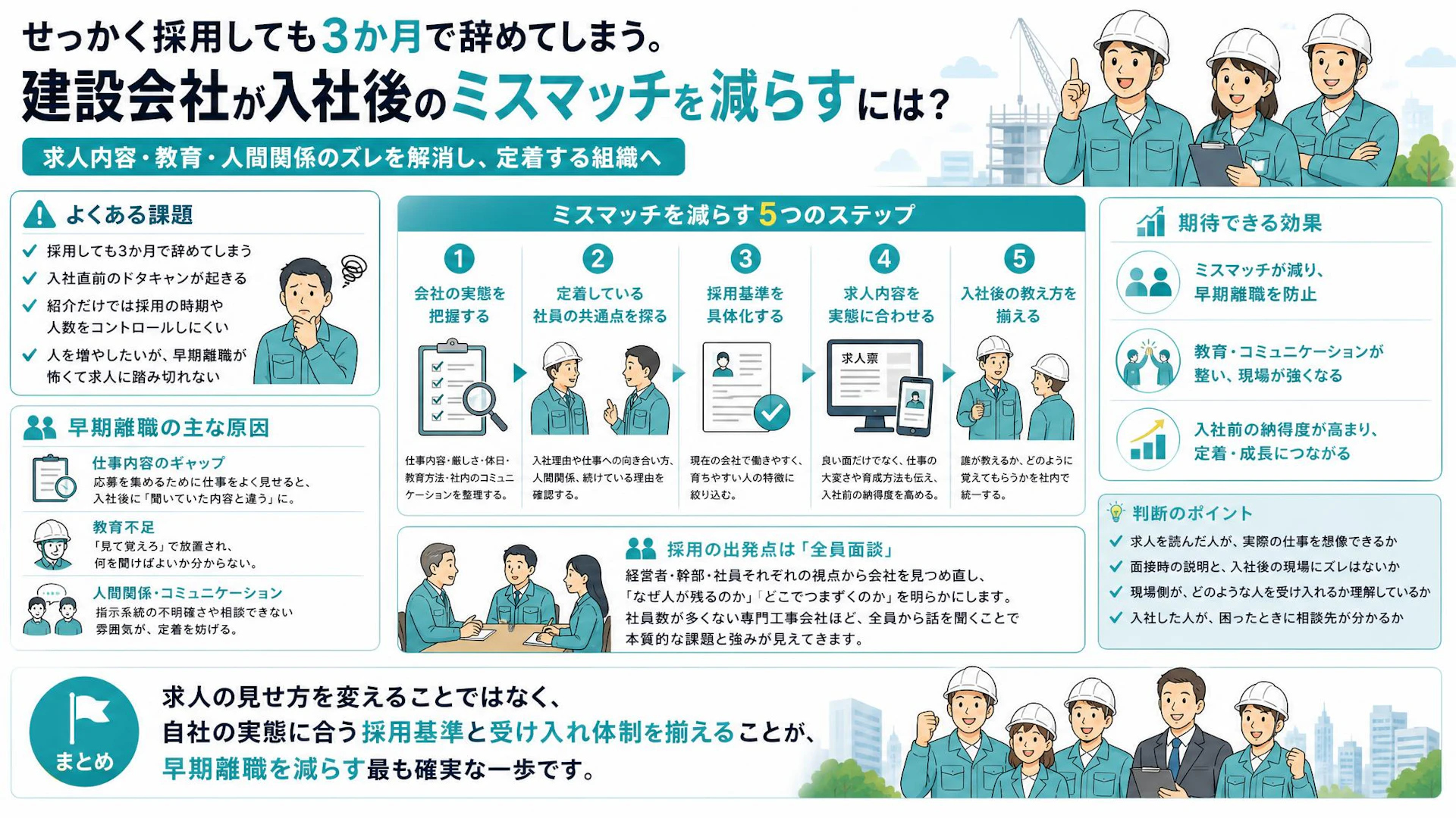 建設業の早期離職は求人の見せ方では止まらない｜全員面談で採用基準と受け入れを揃える方法