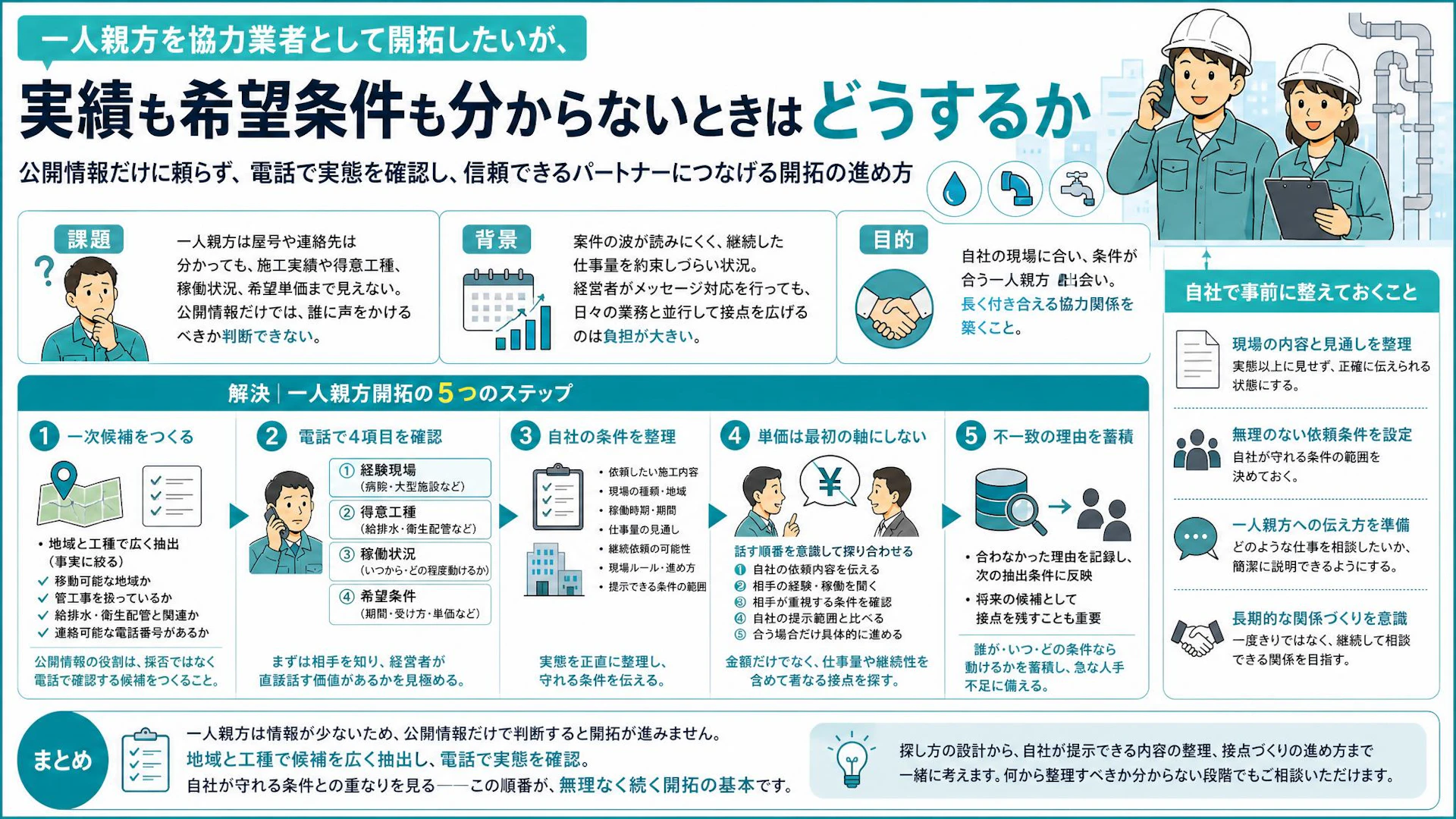 設備工事の一人親方はどう探す？経験・稼働・希望条件を見極める電話開拓術