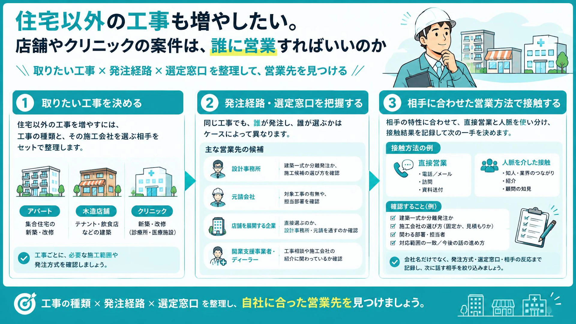 施主に声をかけられても決まらない——店舗・クリニック工事は誰に営業する？