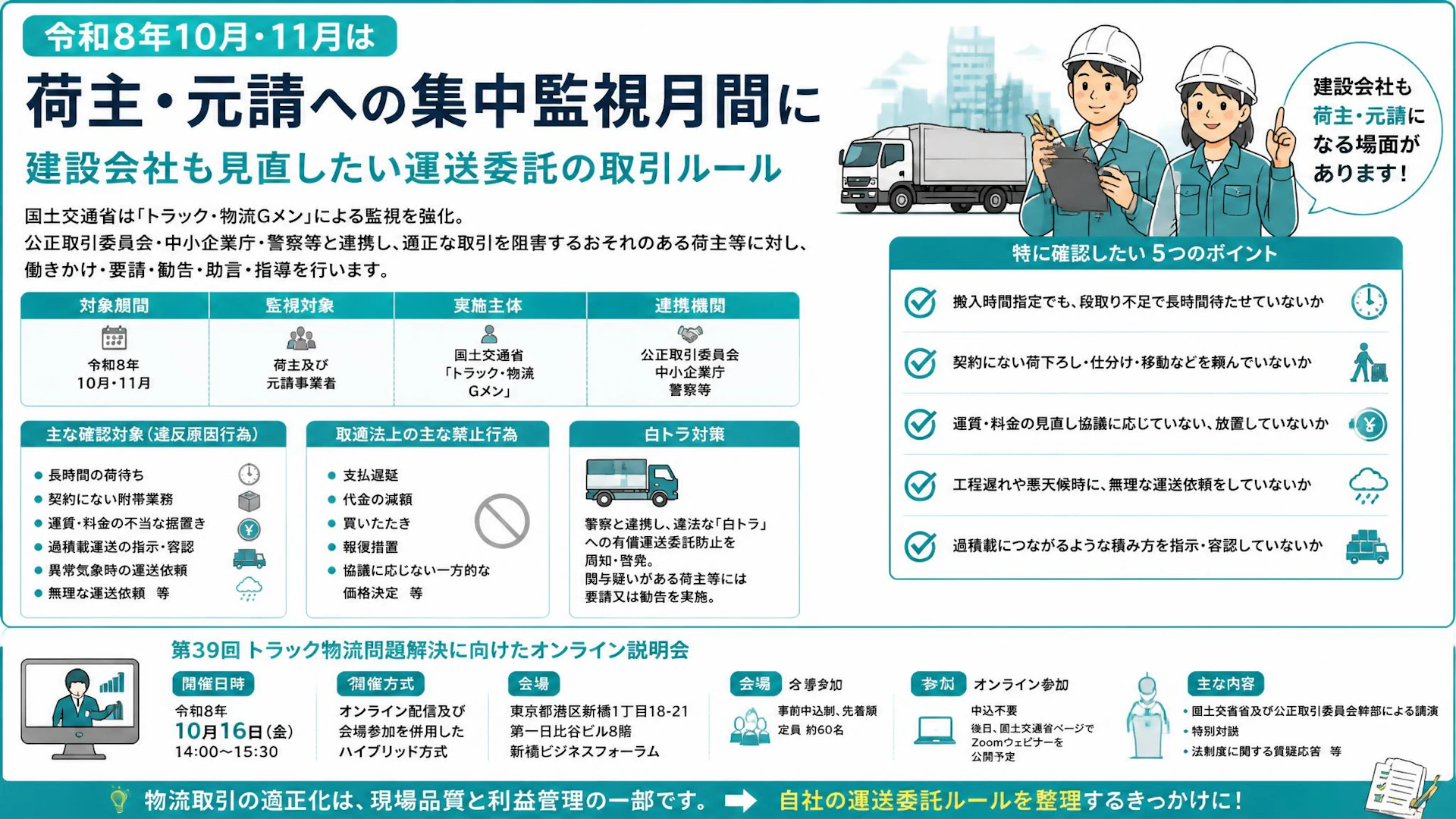 10月・11月は荷主・元請への集中監視月間に――建設会社も見直したい運送委託の取引ルール