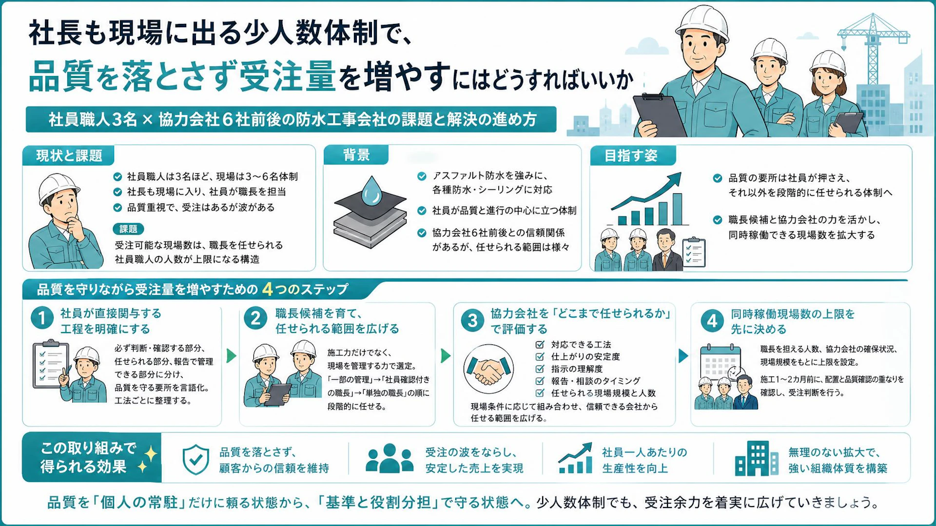 社員3人で何現場まで受けられる？品質を落とさず防水工事の受注上限を広げる現場体制