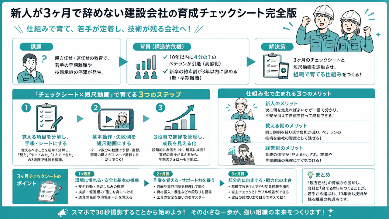 職人教育マニュアル】新人が3ヶ月で辞めない建設会社の育成チェック