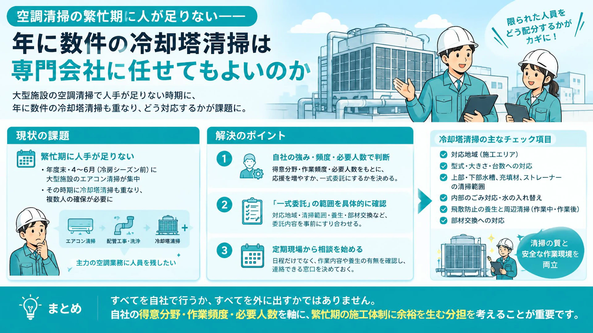 空調清掃の繁忙期、応援だけで足りる？冷却塔清掃を一式委託する判断軸