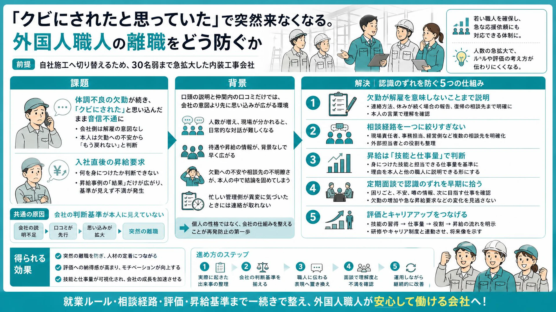 「クビにされたと思った」外国人職人が音信不通に｜欠勤・昇給の誤解を防ぐ評価と面談