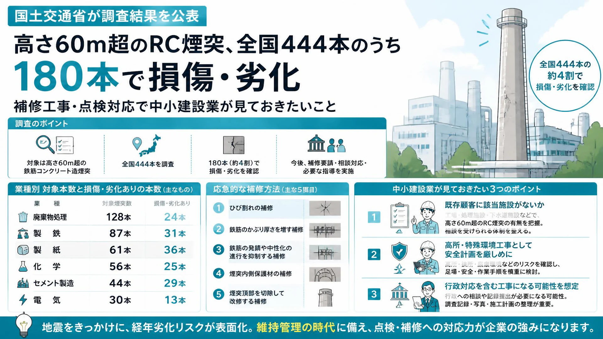 高さ60m超のRC煙突、全国444本のうち180本で損傷・劣化――補修工事・点検対応で中小建設業が見ておきたいこと