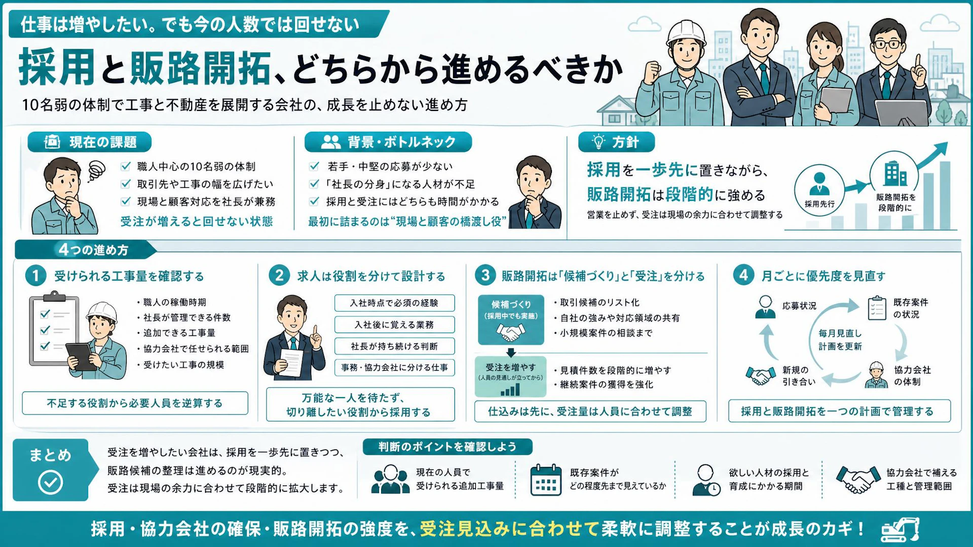 仕事は増やしたい、でも現場が回らない―10名弱の建設会社が採用と販路開拓を進める順番