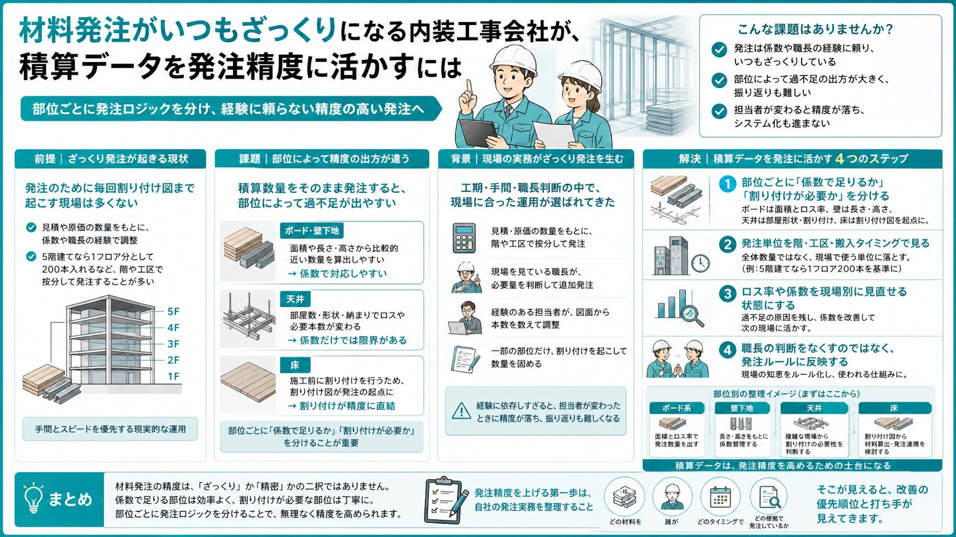 内装工事の材料発注はなぜズレる？積算数量をそのまま使わず、部位別に精度を上げる実務