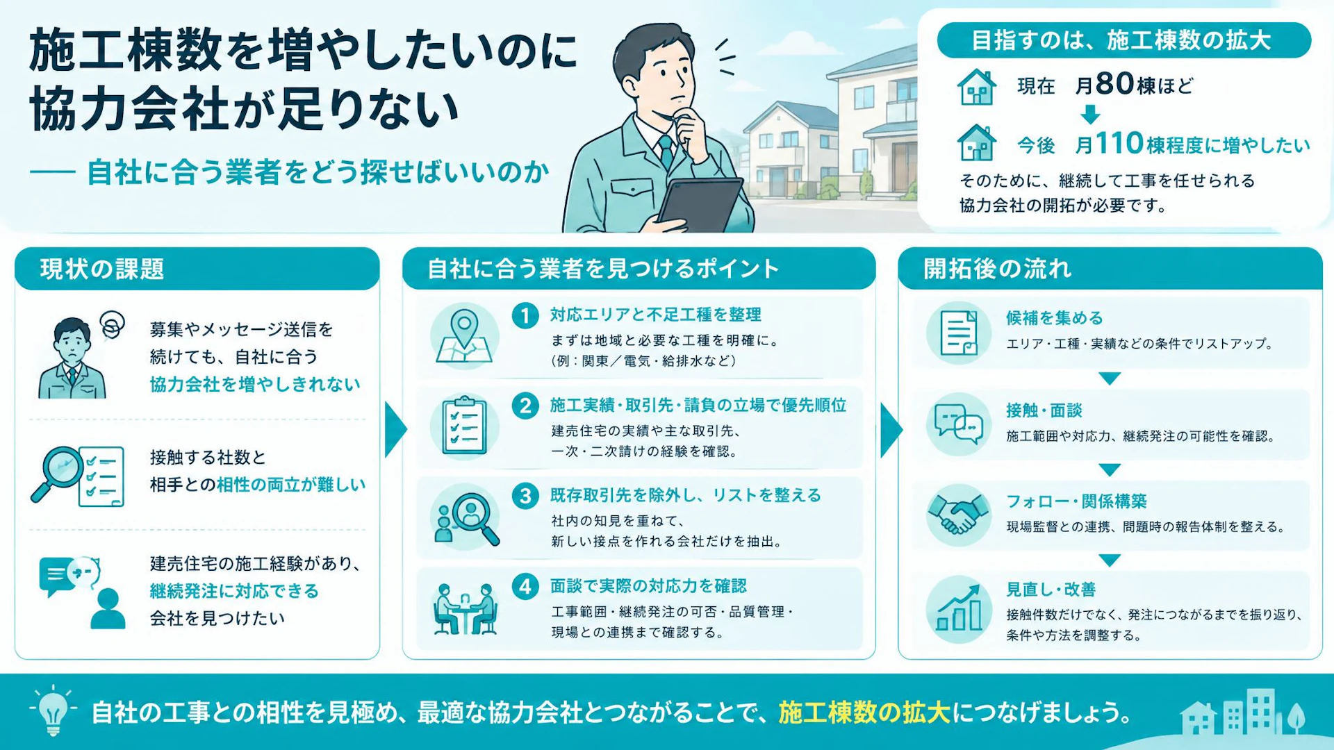 月80棟からの施工拡大へ｜協力会社開拓は工種と施工実績で絞る