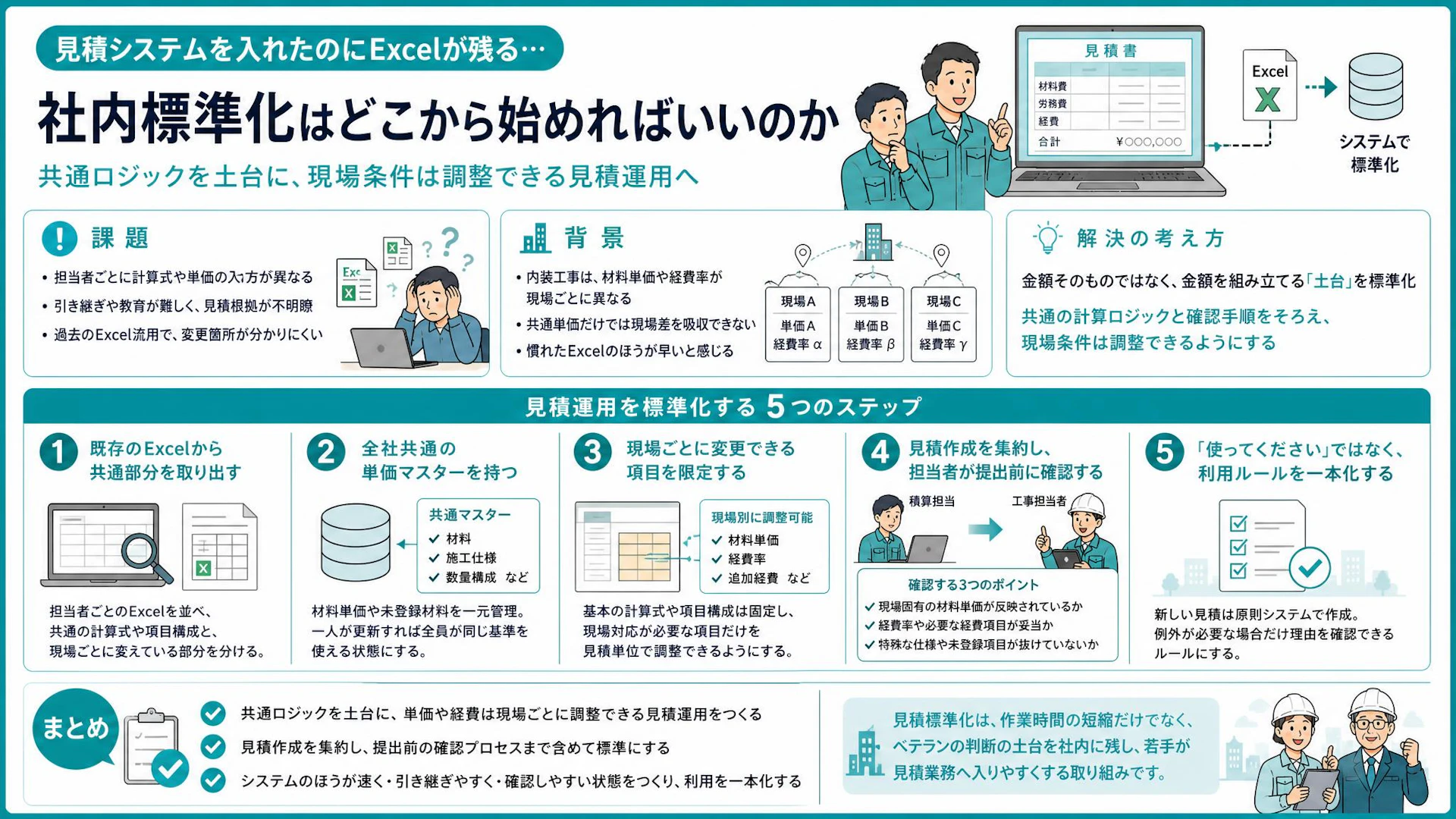 「見積システムを入れたのに、使うのは1人だけ」内装工事会社がExcel依存を抜ける5つの運用設計