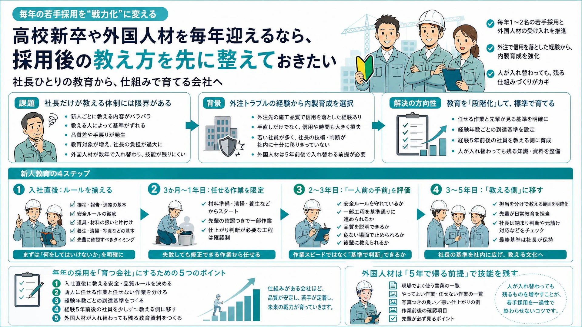 高校新卒と外国人材を迎える前に。社員5名の防水工事会社が決める教育の順番