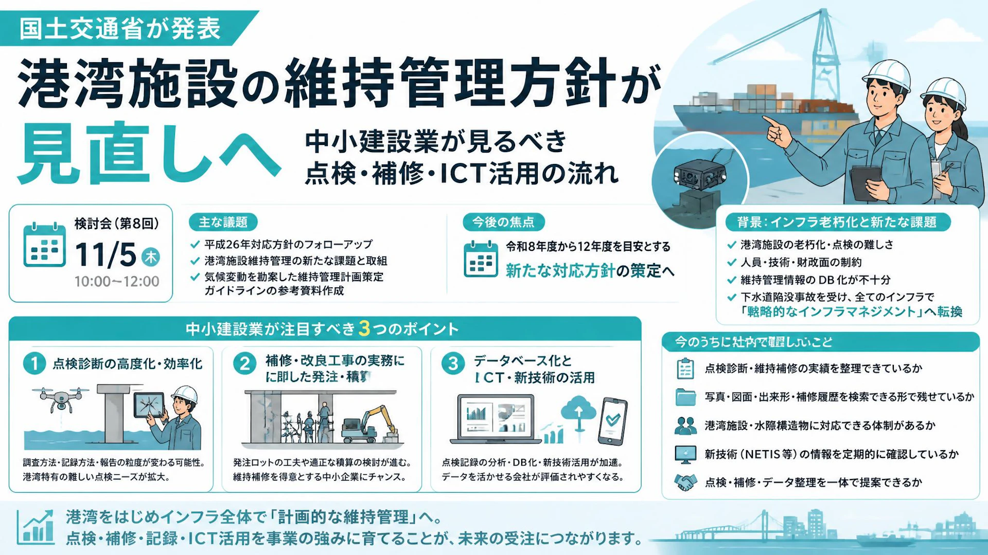 港湾施設の維持管理方針が見直しへ。中小建設業が見るべき点検・補修・ICT活用の流れ
