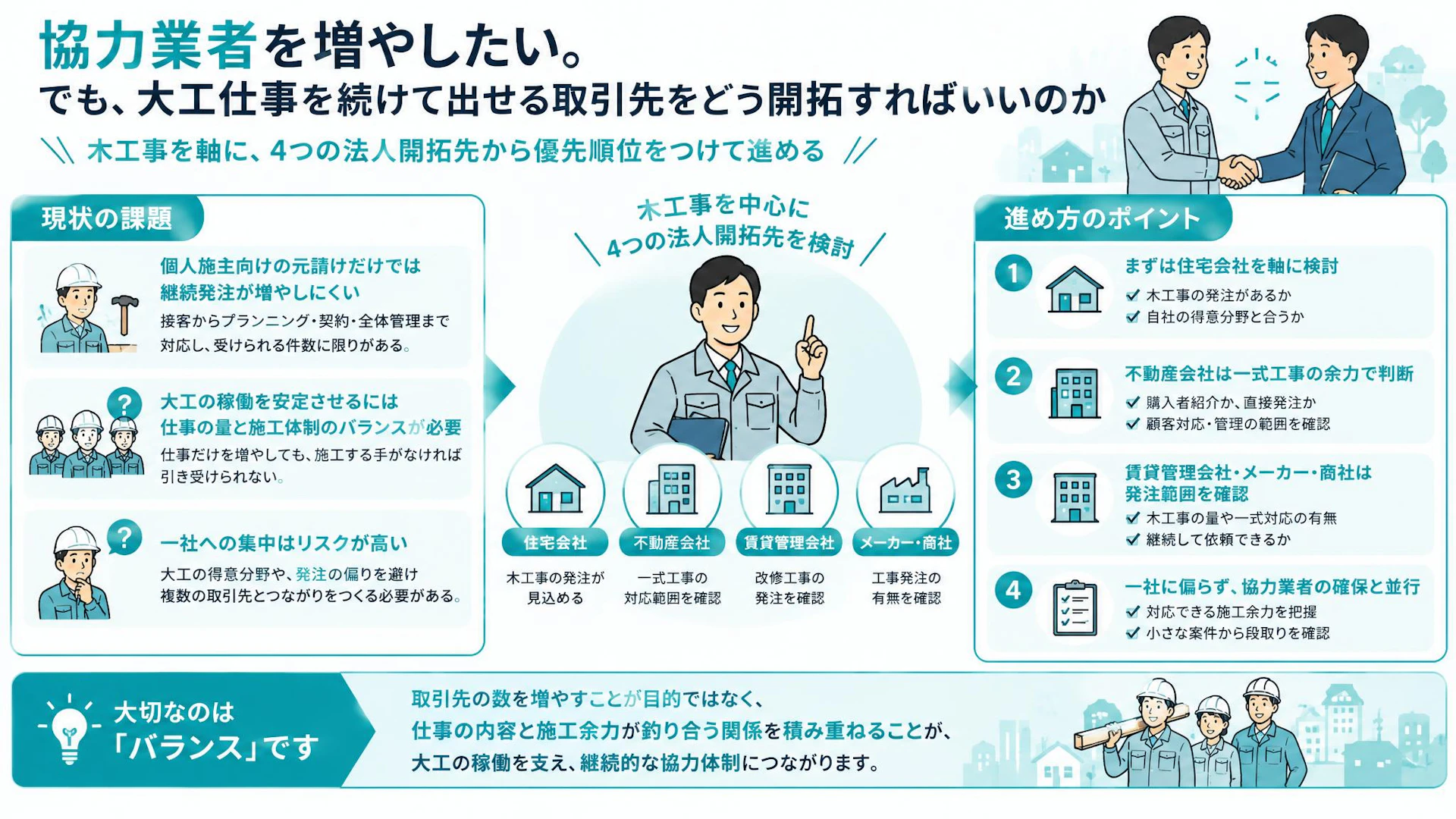 仲間の大工に続けて仕事を出したい｜木工事の法人営業、どの取引先から開拓するか