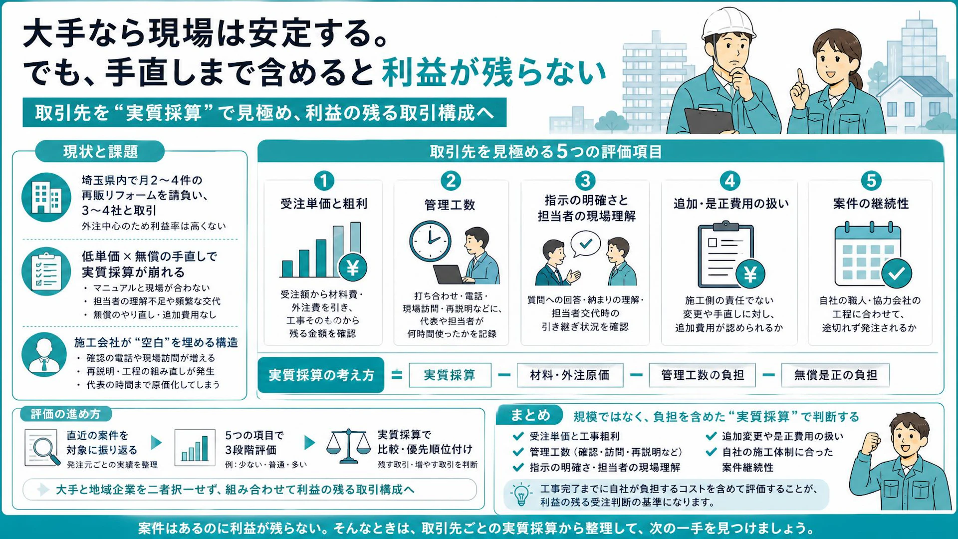 案件はあるのに利益が残らない——無償手直しまで見抜く実質採算で取引先を選ぶ