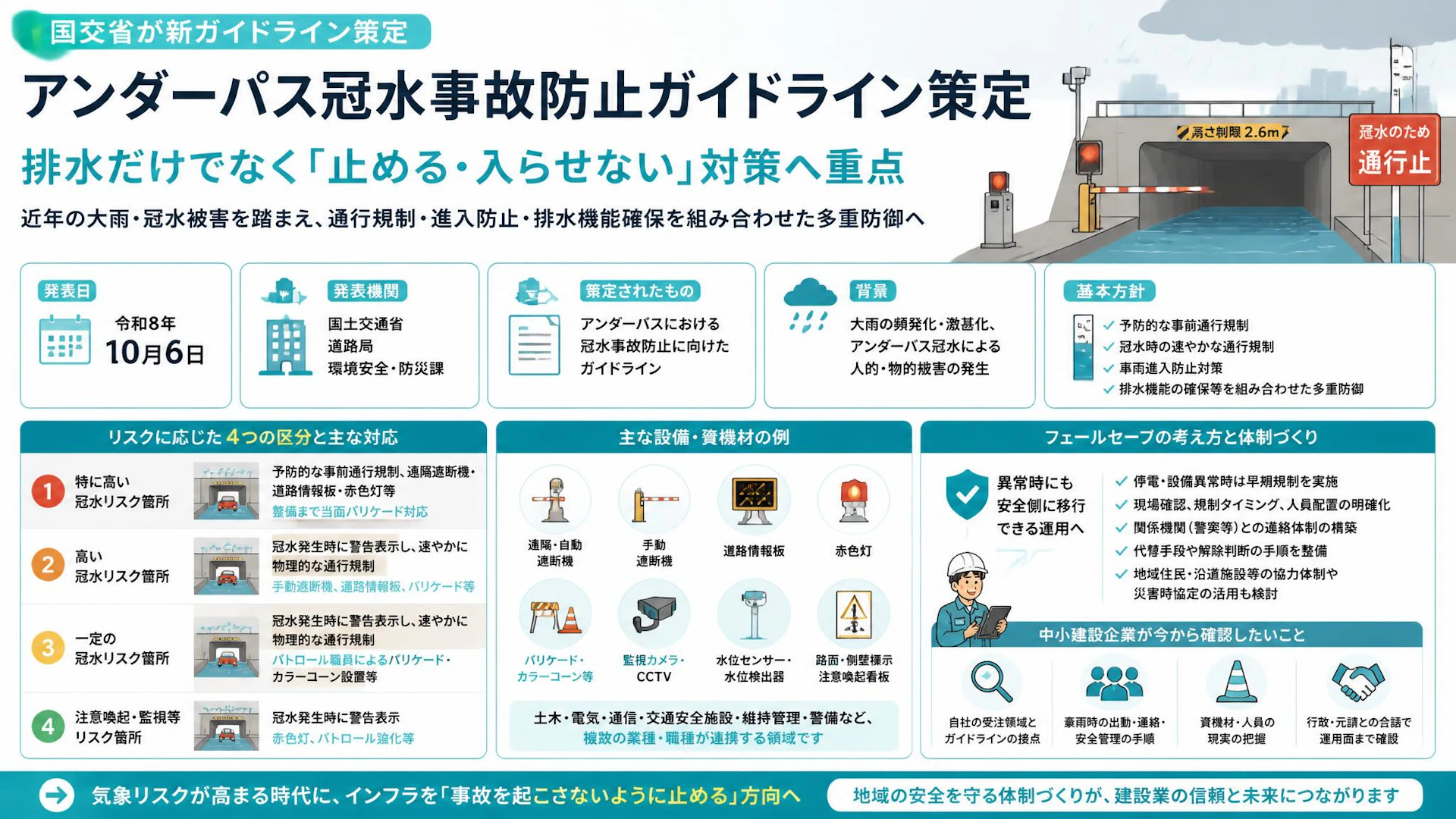 アンダーパス冠水事故防止ガイドライン策定、道路維持・防災工事会社が見ておきたい実務影響