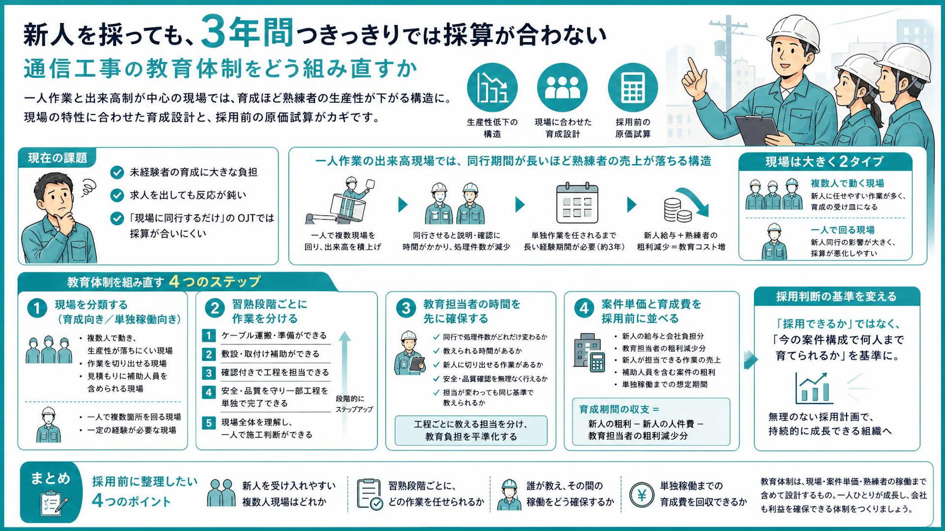 通信工事会社の未経験者育成はなぜ採算が崩れる？「3年で一人立ち」の教育原価を見直す