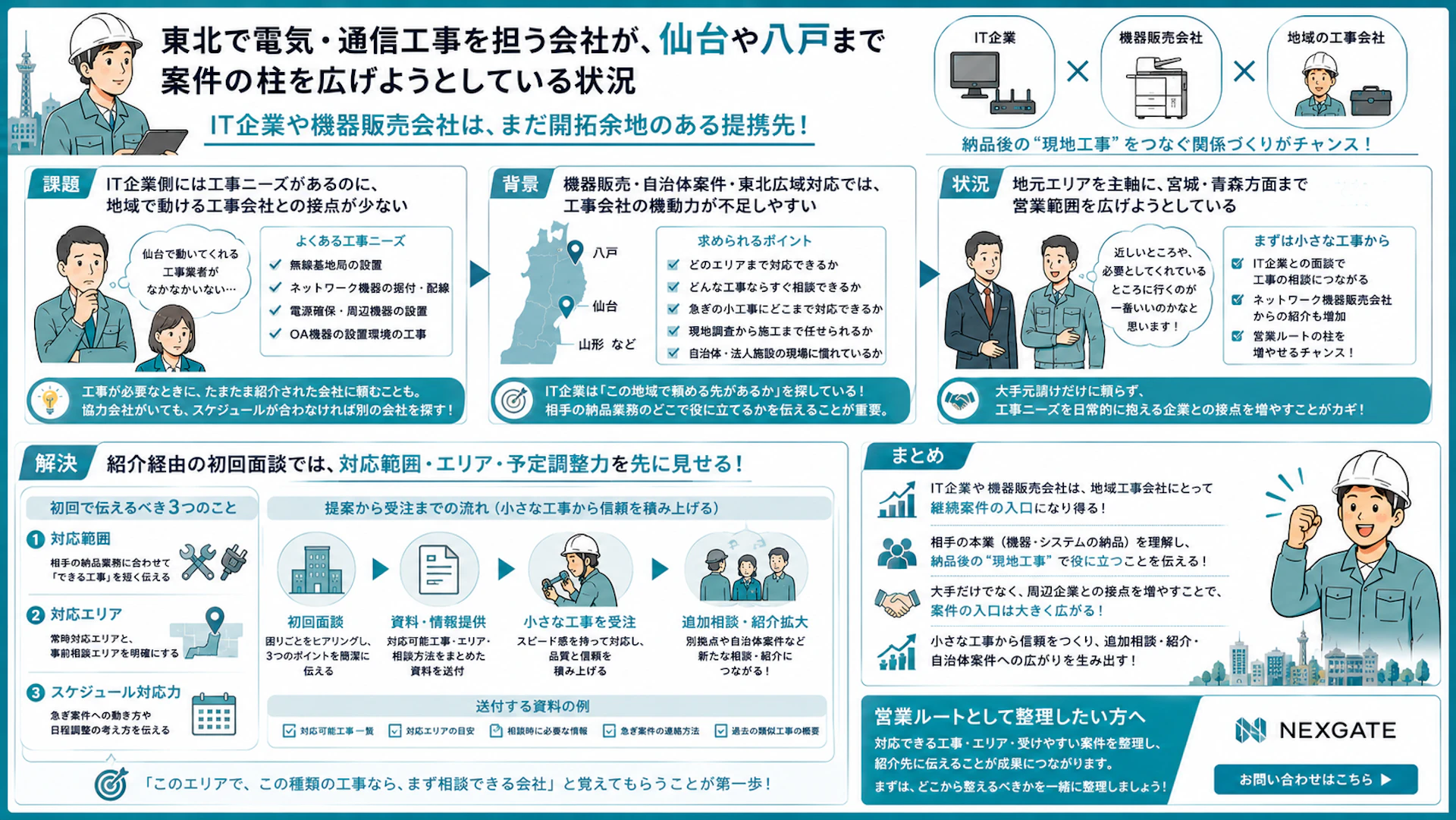 「仙台で動ける工事会社がいない」IT企業の困りごとから始める電気・通信工事の営業ルート