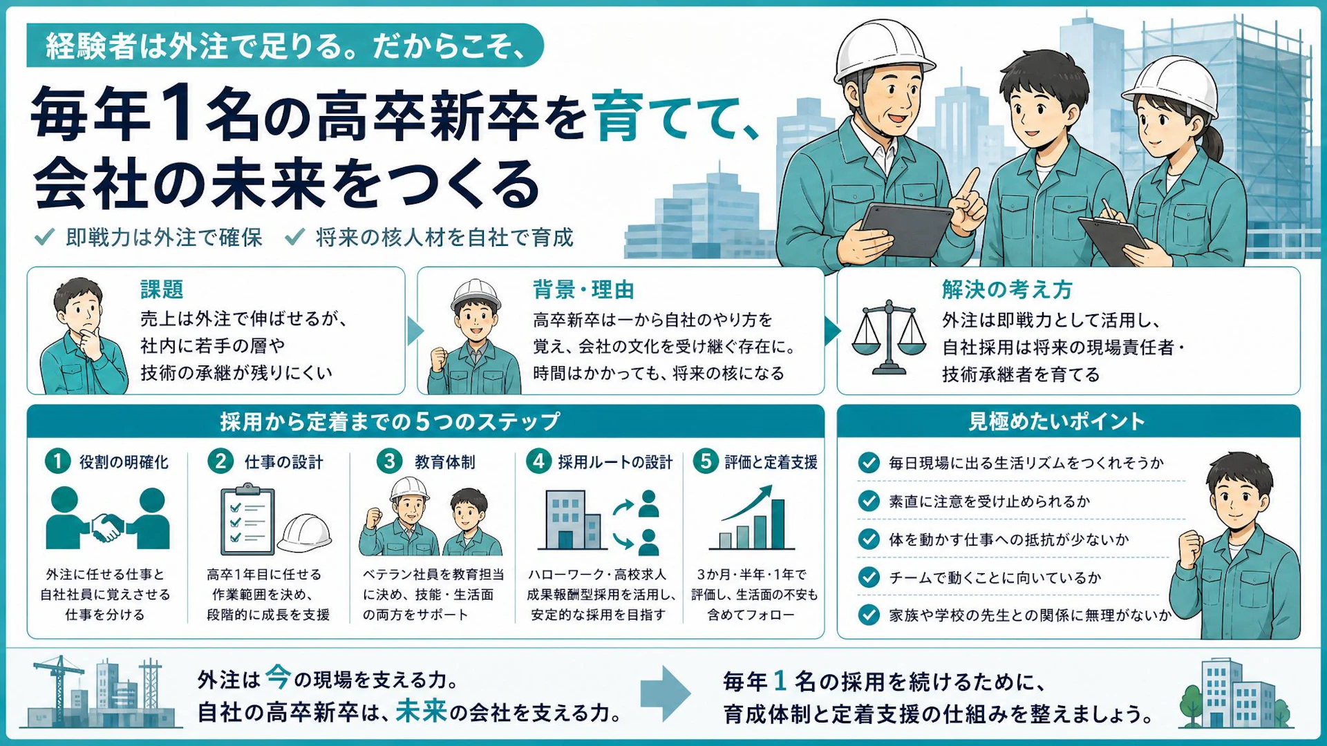 外注で売上は伸びるのに、8名の防水会社が高卒新卒を毎年1名採りたい理由