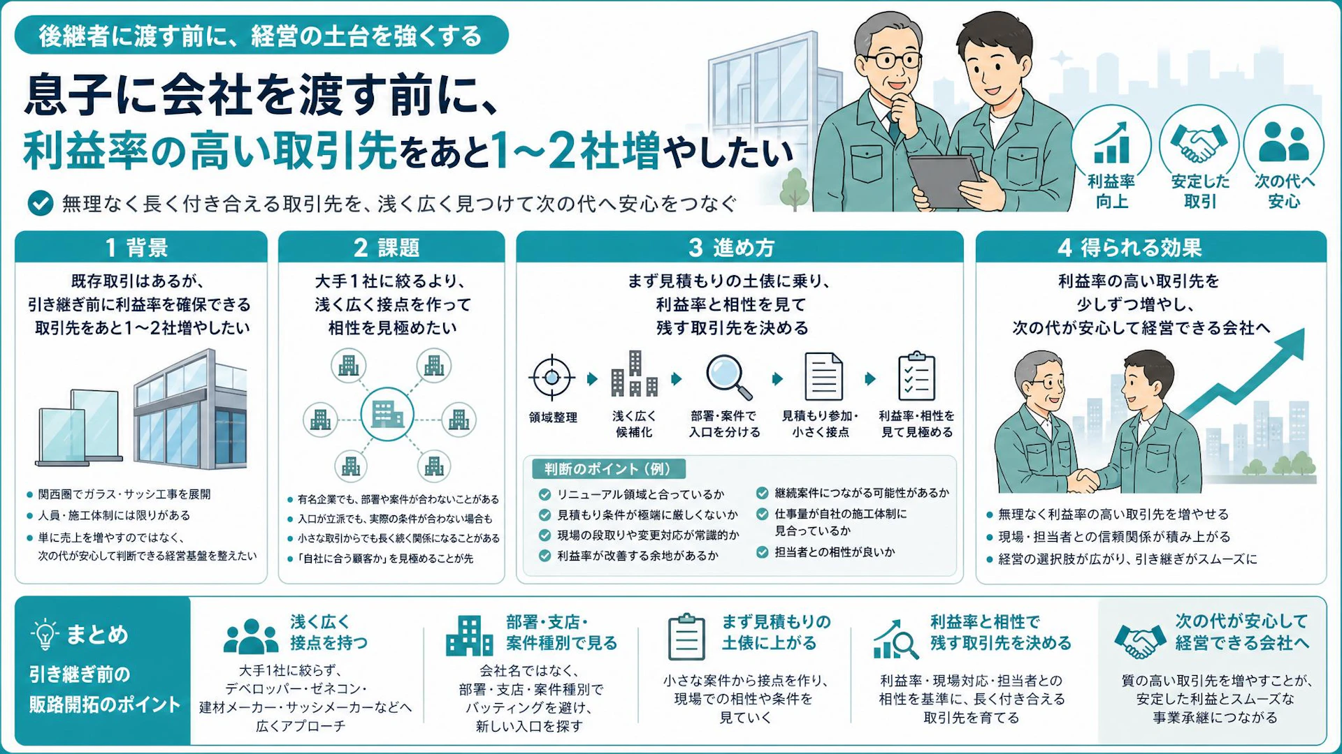 専門工事会社の事業承継前にやる販路開拓｜利益率を守れる取引先の見極め方